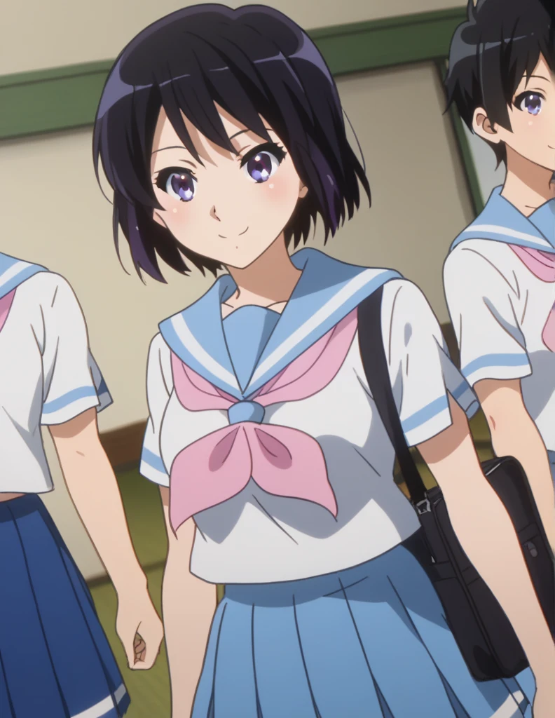 score_9, score_8_ up, score_7_ up,  source_Anime, Reina Kousaka , Reina Kousaka,  short hair , short hair , bangs,  black hair, purple eyes,  skirt ,  shirt,  school uniform, white  shirt, Short sleeve, pleated  skirt , Sera Clothing,  sailor color , blue  skirt ,  neckerchief , blue  sailor color ,  school bag, pink  neckerchief , kitauji high  school uniform, indoor, classroom,  lean forward, smile,  Audience ,  cowboy shot,  Dutch angle , A little thick,judo player、judo、Inside the judo Gymnasium、On the tatami、discovery、whole body、rest、幼い頃judo家に育てられた.