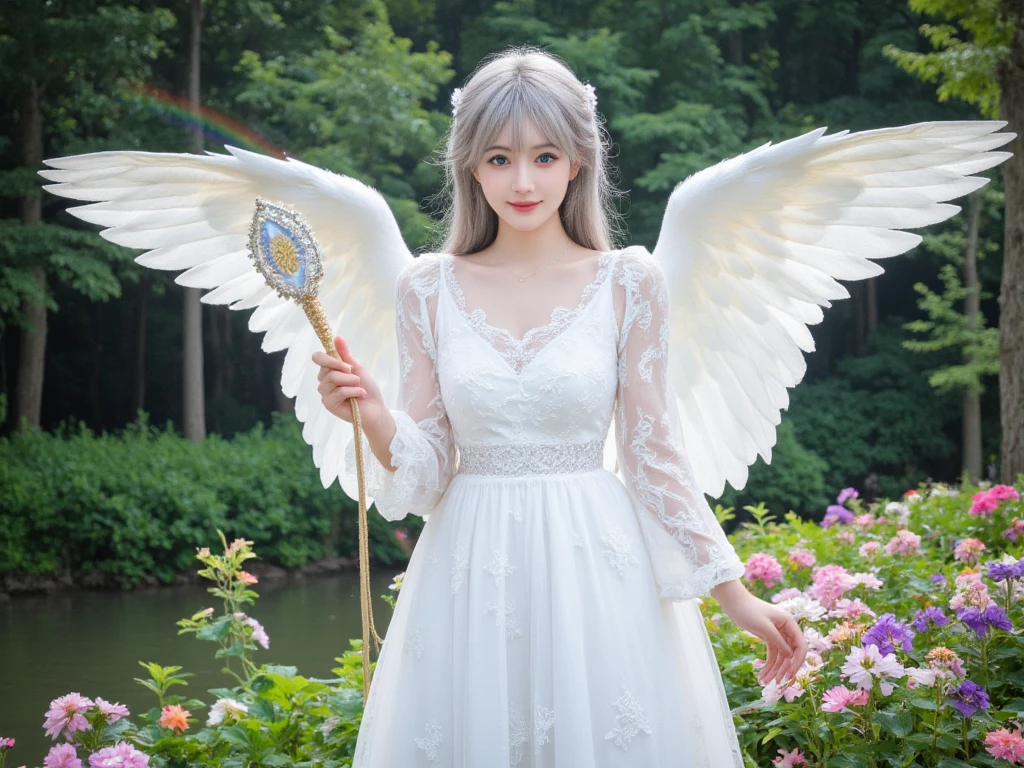 goddess,White Long Dress,silver hair,Blue eyes,smile,Large twin wings,Colorful,forest,lake side,Angel's ladder,rainbow,Diamond Dust,Holding a gorgeous and big magic wand,Lots of colorful flowers,https://image.cdn2.seaart.me/2025-01-05/ctt565le878c73efb1o0-2/e54ce2c082dfc1276505571abf8969e1_high.webp