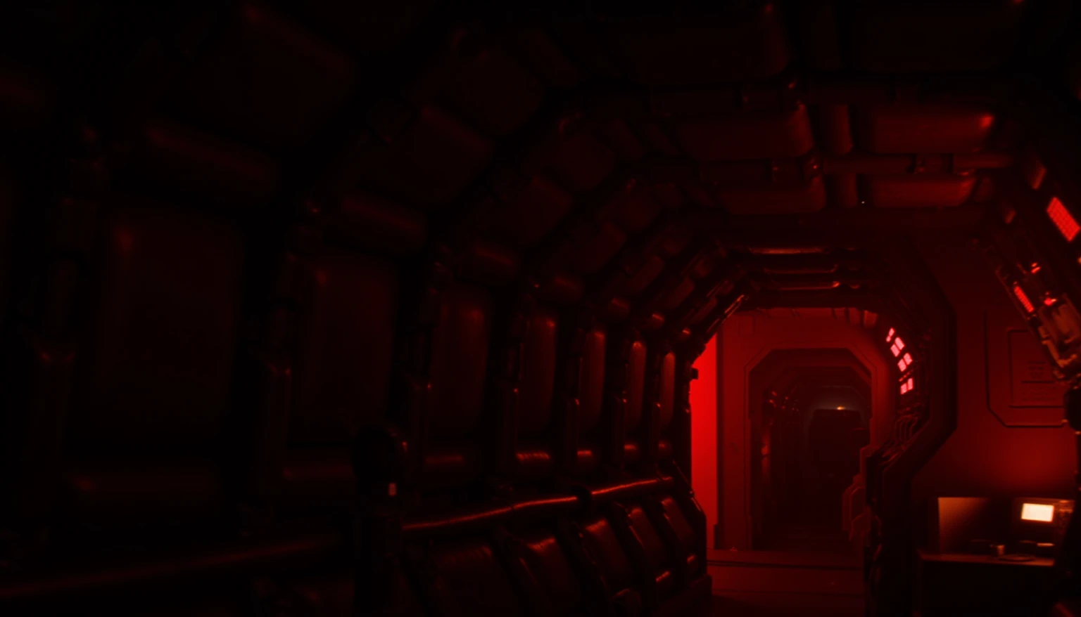 ohwx set design, a photo of  the movie alien romolus curved sci-fi corridor with dim lighting red lighting, , cinematic lighting