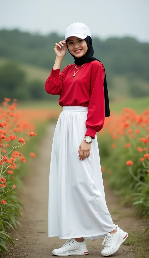 Malay girl in red hijab wear big oversized white peplum blouse and high waist loose cotton pants, pastel color, seating, wear back pack, front view, detail skin, detail skin texture, mole below eyes, small breast, big hip, big waist, big thigh, slim abs, beautiful body, evening, laughing, happy, bright lighting, blur background, bokeh,Super 8mm lense, Extreme close-up, deep focus cinematography effect, Natural Lighting, pastel color grading, high quality, ultra detail, 8k resolution