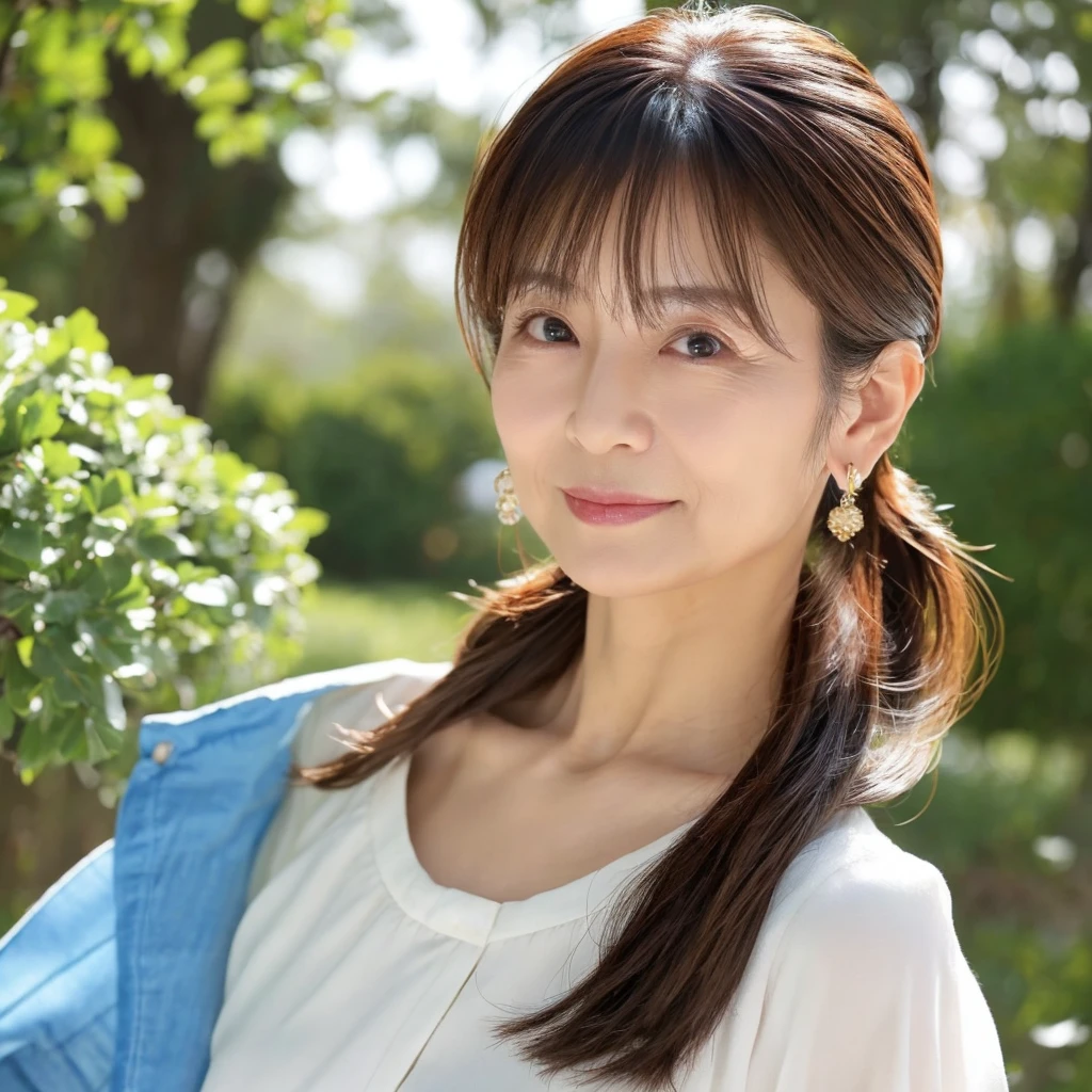 Skinny Japanese 40s woman, good wife, cute face, detailed face, detailed eyes, neat and clean, short-sleeve white shirt, walking along river, early summer, fine weather, clear sky, green fields, portrait