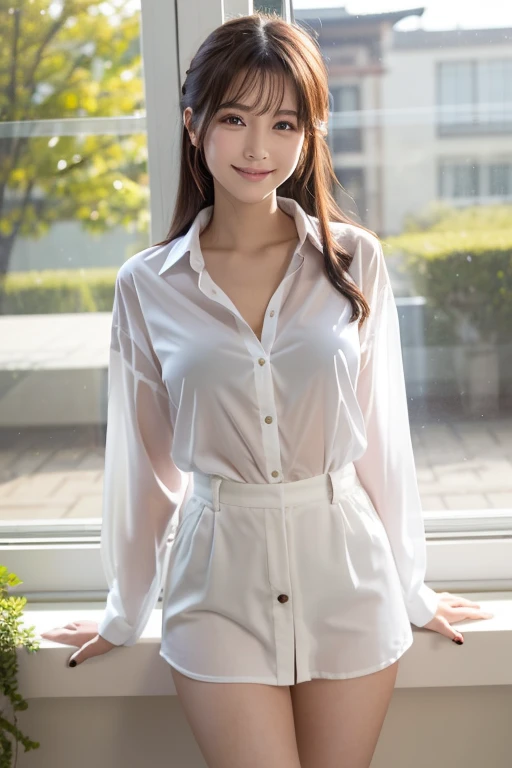 ((masterpiece, best quality)), ((super high resolution)), (photo realistic), best shadow, (sharp sketch, illustration:1.2), high detail, very detailed, (nice hands, perfect hands), (face focus:1.4), ((1girl)), beautiful girl, 18 years old, brown eyes, (black long hair1.5), (:1.3), (right smile:1.3), glossy skin, (view from front:1.3), (very slender:1.3), (cute face:1.3), (look at viewer:1.4), midnight, (in the hotel:1.3), japanese, all body, kawaii face, angel face, droopy eyes, japanese famous idol, (thin eyebrow:1.4), japanese natural makeup, stiletto heels, thin lips, detailed facial features, facial and skin texture, Crisp focus, perfect beautiful body and face, cute childish faerfectly in focus, (white blouse:1.3), (standing:1.3), long bangs