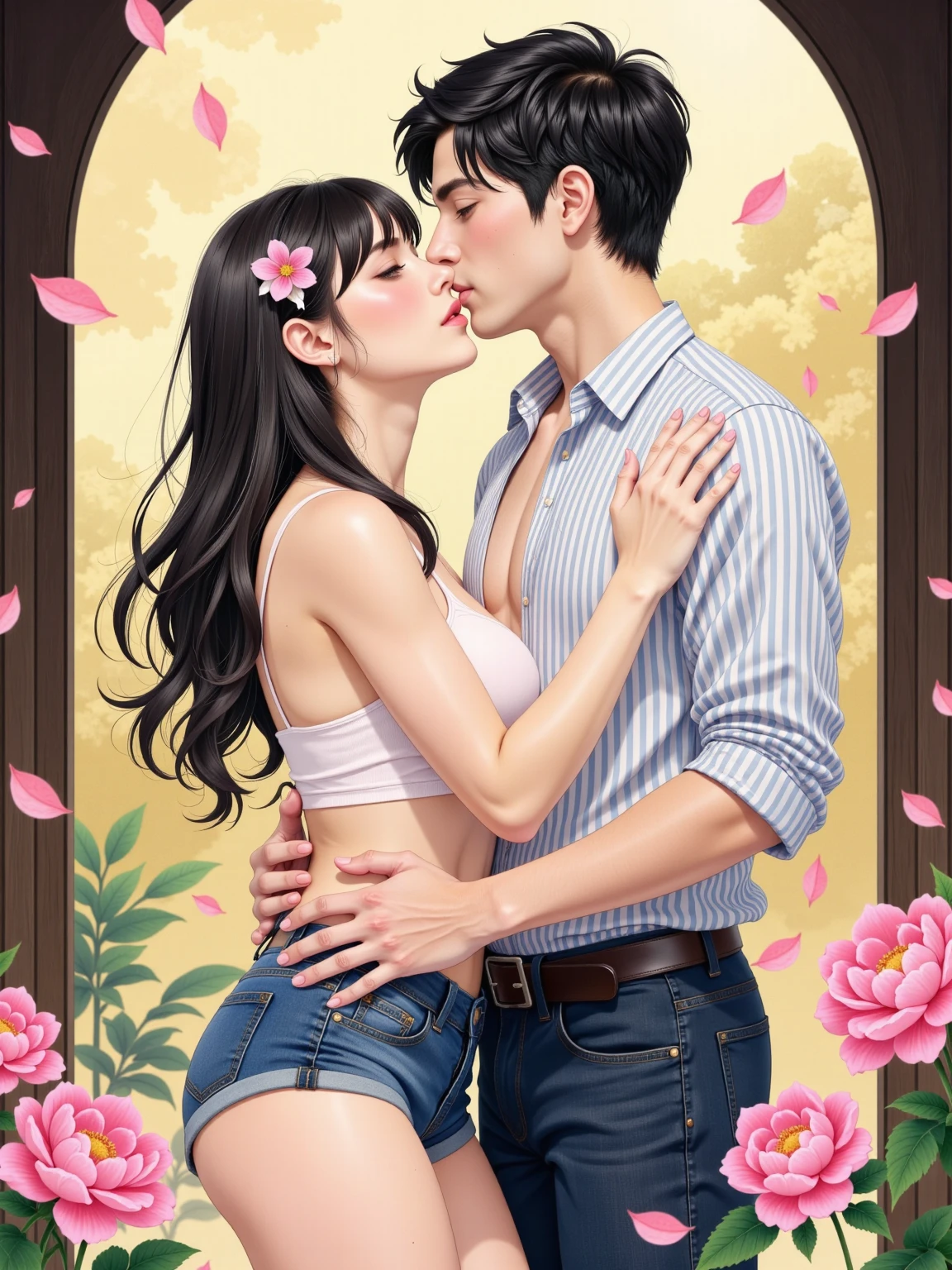 1 scene, frontal, high quality, super high resolution, high definition illustration, masterpiece, extremely detailed, high resolution, detailed mouth, mature heterosexual couple, sexy woman, (married sexy mature woman, smooth lips, squinting anime with eyes), red cheeks, intense expression, denim shorts, unbuttoned shirt, entrance, intense orgasm, 1 handsome boy, (((hugging from behind))), ((breast grabbing)), (deep kiss: 1.4)), (((kiss))), saliva, Sweat, beautiful curves, moles under eyes, blushing