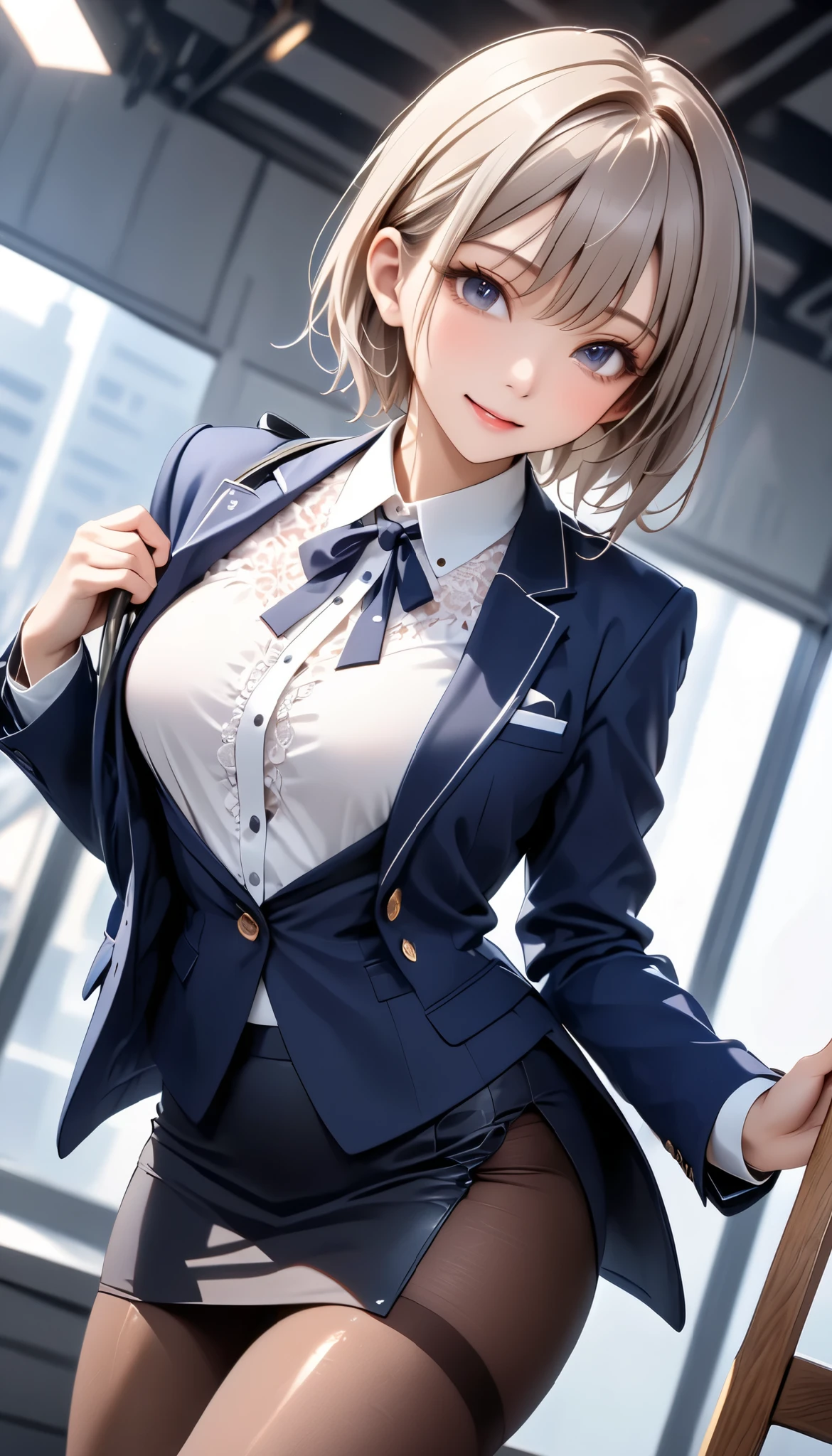 (((Female lawyer,  formal suit skirt ,   pencil skirt,  pantyhose,  white blouse,   Navy Blue Jacket,))), skinny, Alone,  female 1, Masterpiece,  top quality,  top quality, 16k,  unbelievably ridiculous,  very detailed, 2.5D, AI-generated,  delicate and dynamic,  Very Delicate Expression,  with a delicate gaze,  EROTIC, only  sexy woman, (( cute and kind face )), Healthy body shape, (( 25 year old woman)), Height: 160cm,  moderately stiff swaying bust,, , sweat, embarrassing, sexy, (( Thin Thighs)), ( erect nipples :0.9),  shiny,  Standing Picture of Shots Above the Shins , smile, (( oily_skin)), (( Dutch angle )), (( EROTIC pose)),  fashion model pose with clear pussy,   fashion model style DJ, (close-up),