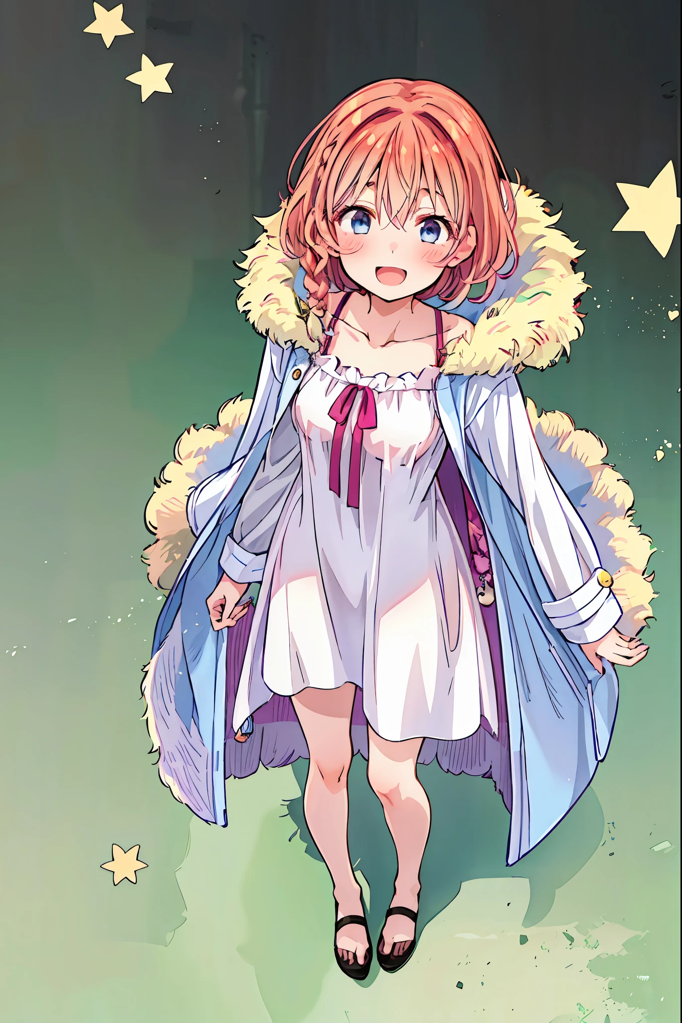 girl in a white coat , (Speaking Heart), happy , open your mouth, close eyes, (( from above:1.2)), brown hair, Shortcut , tousled hair , short braided hair,Neat, Slender and beautiful woman,Correct posture, small breasts, Beautiful Legs, Her enchanting gray-blue eyes shine like stars,Droopy eyes, bright color, beautiful eyes,A delicate smile, Textured Skin, Boasting the highest quality , A Parody of a Gentle and Beautiful Woman , anime style 、