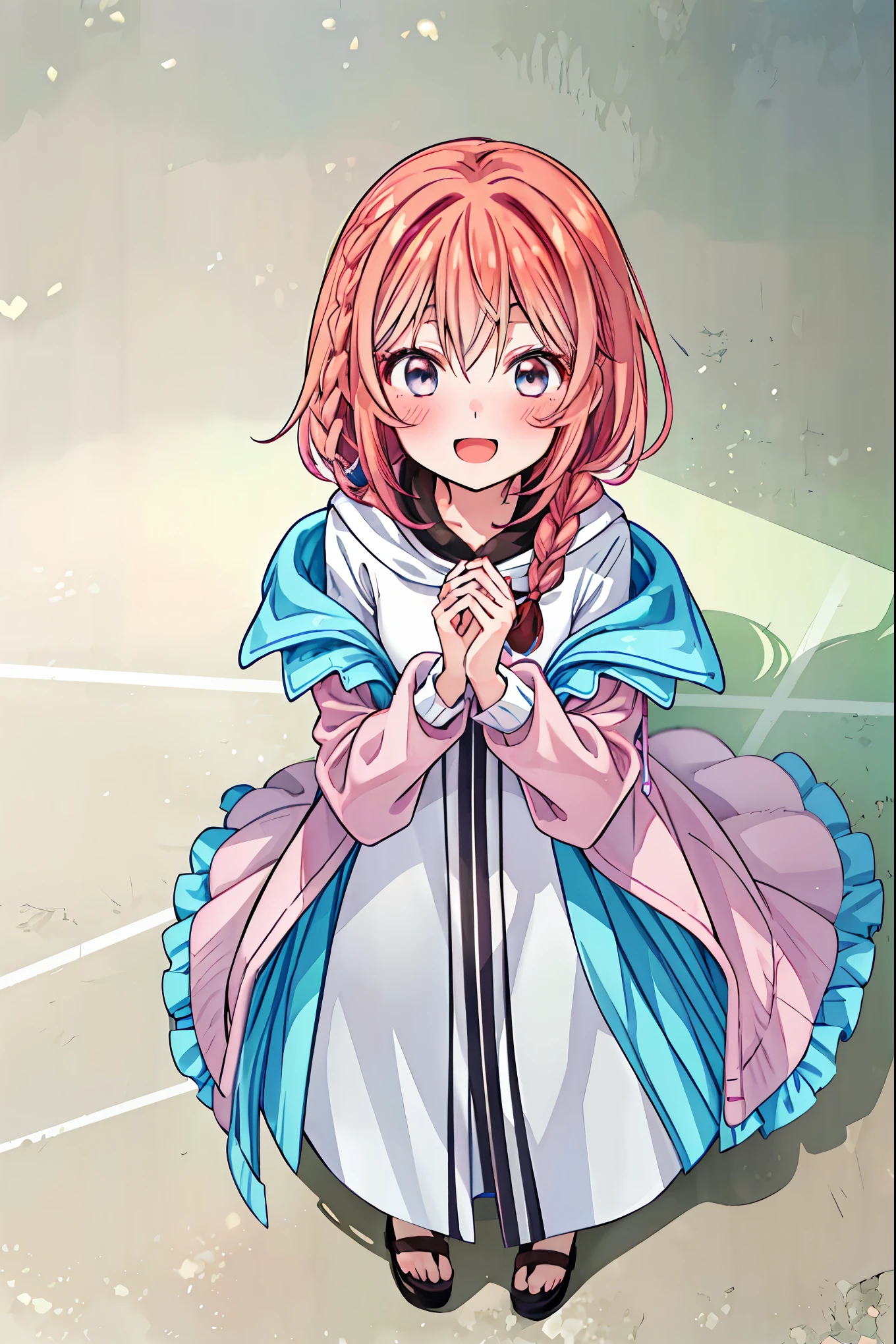 girl in a white coat , (Speaking Heart), happy , open your mouth, close eyes, (( from above:1.2)), brown hair, Shortcut , tousled hair , short braided hair,Neat, Slender and beautiful woman,Correct posture, small breasts, Beautiful Legs, Her enchanting gray-blue eyes shine like stars,Droopy eyes, bright color, beautiful eyes,A delicate smile, Textured Skin, Boasting the highest quality , A Parody of a Gentle and Beautiful Woman , anime style 、