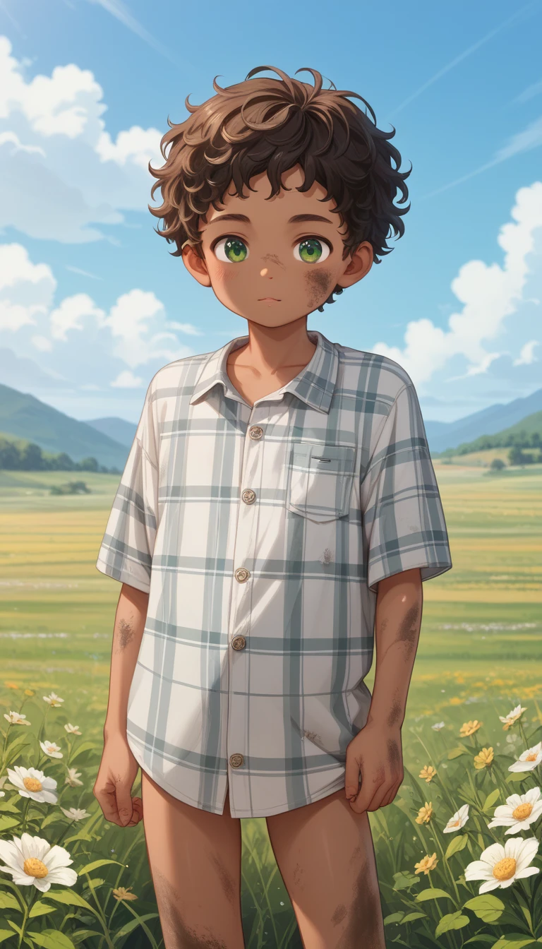 A boy is 4-r, cute, young, l short, thin, Brown skin, Green eyes, dark brown curly hair, Age Regression, Shotacon, Shota. No pants, just a big, loose, oversized shirt, white plaid shirt, Dirty, The long hem covers extending all the way down to the thighs. Outdoor, fields background