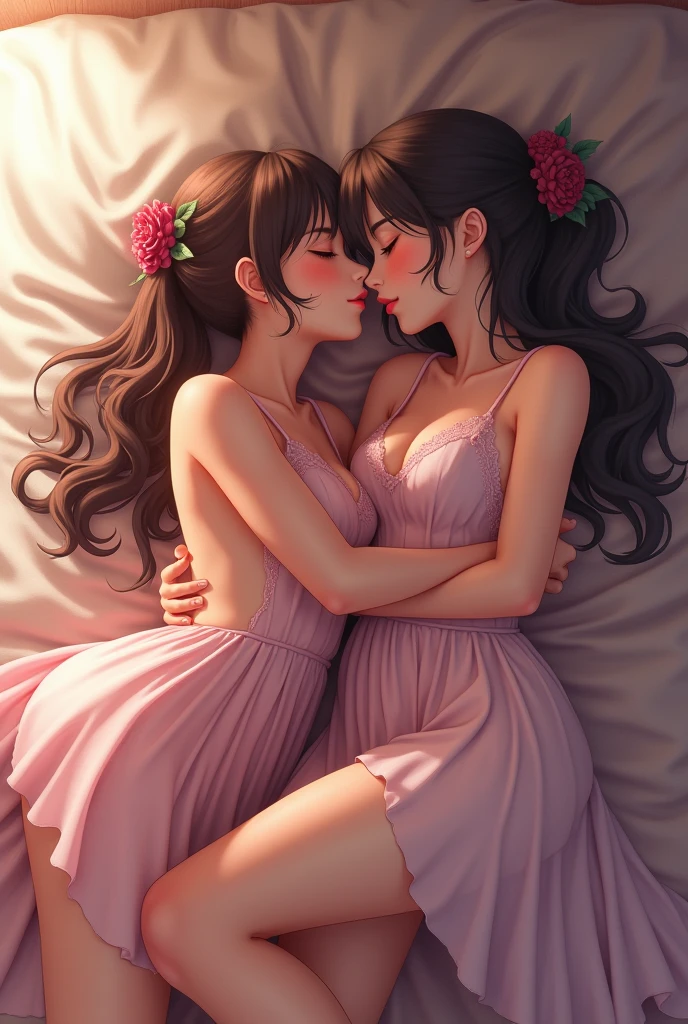 two girl kissing,,(bright lighting,romantic setting),dreamy background,,dark hair, mesmerizing gaze, , soft skin, alluring beauty, artistic portrait, high-quality image, vibrant colors,translucent long silk gown, mosquito net, lying down, romantic bedroom,bondage ,ribbon bondage