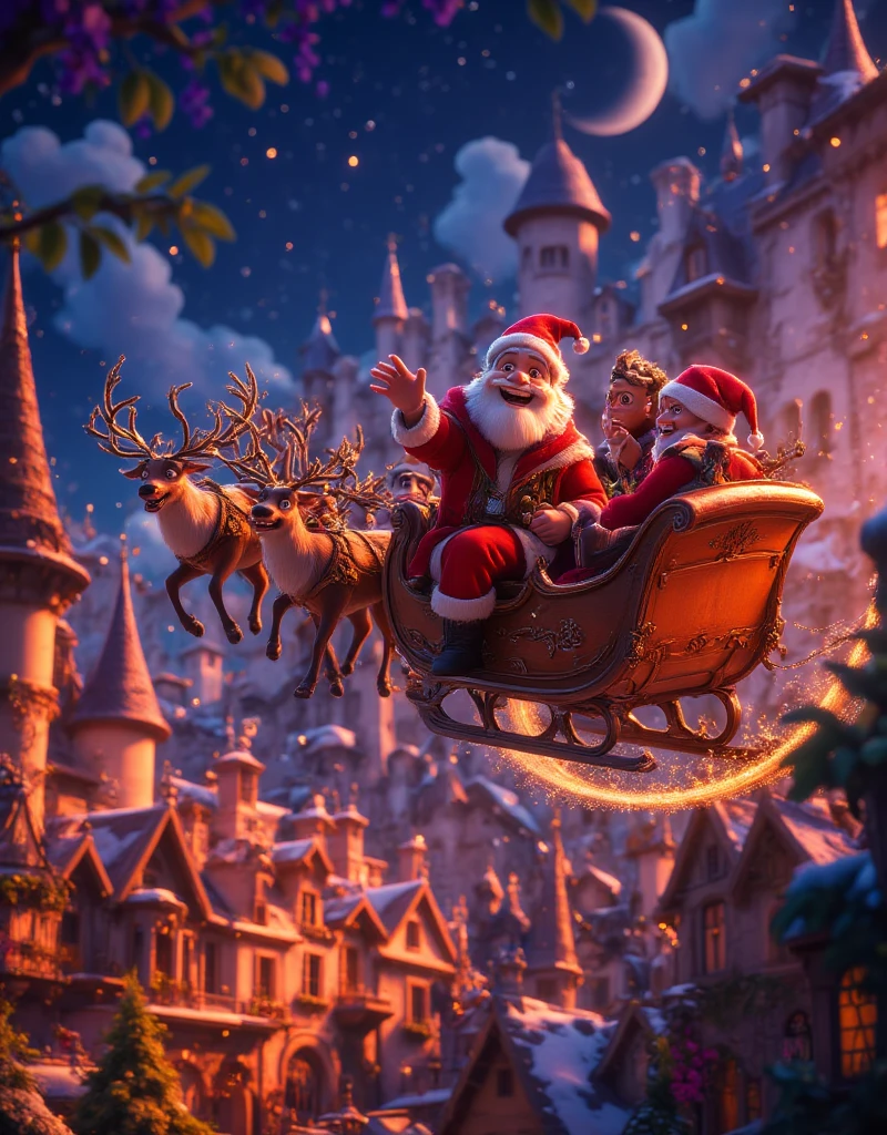 highly detailed, dynamic, cinematic, stunning, realistic lighting and shadows, vivid, vibrant, octane rendering, Unreal Engine, highly detailed, concept art, realistic, cry engine, (dramatic, grainy, intense: 1.4), highest quality, 32k uhd, incredibly detailed, intricately detailed, ultra detailed, ultra high quality, high detail, ultra detailed, masterpiece, A magical 3D Disney-style animation scene of (huge muscular Santa Claus) riding his sleigh, pulled by eight majestic reindeer, soaring high across a starry Christmas Eve sky. huge muscular Santa, dressed in his classic red suit and hat, waves cheerfully as he prepares to deliver presents to ren around the world. The sleigh sparkles with golden magic dust trailing behind, adding a whimsical glow to the scene. Below, a picturesque town is beautifully decorated with festive Christmas lights, with rooftops and trees shimmering in warm colors. The streets are bustling with tiny glowing details of families celebrating indoors. The night sky is deep blue, dotted with twinkling stars and the soft glow of a crescent moon, creating a sense of wonder and warmth. The style is vibrant and colorful, capturing the charm and magic of a Disney animated holiday story.
