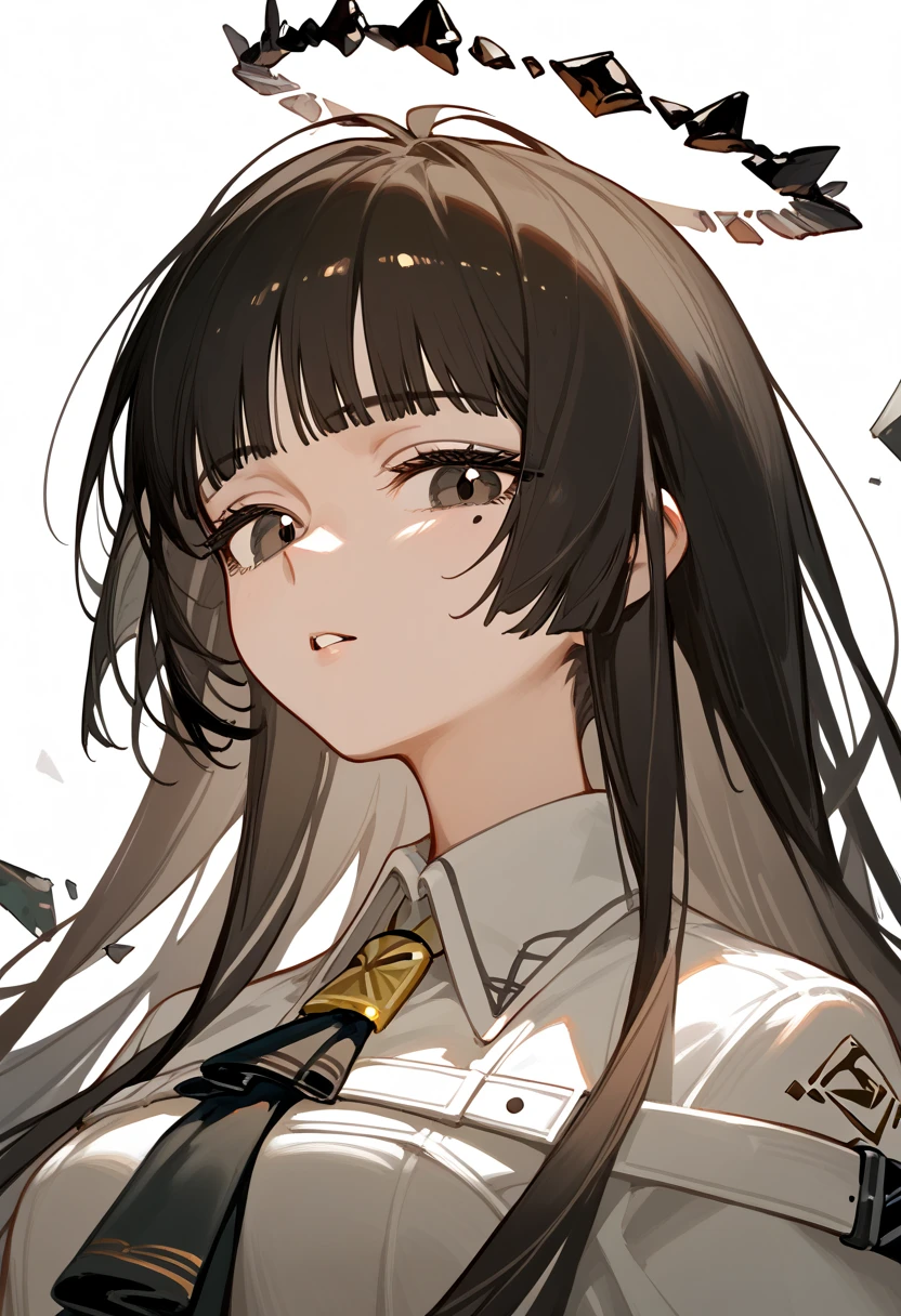 score_9, score_8_up, score_7_up, virtuosa-arknights, 1girl, black hair, blunt bangs, long hair, broken halo, black eyes, mole below eye, white shirt, collared shirt, looking at viewer, relaxed, parted lips, portrait, white background