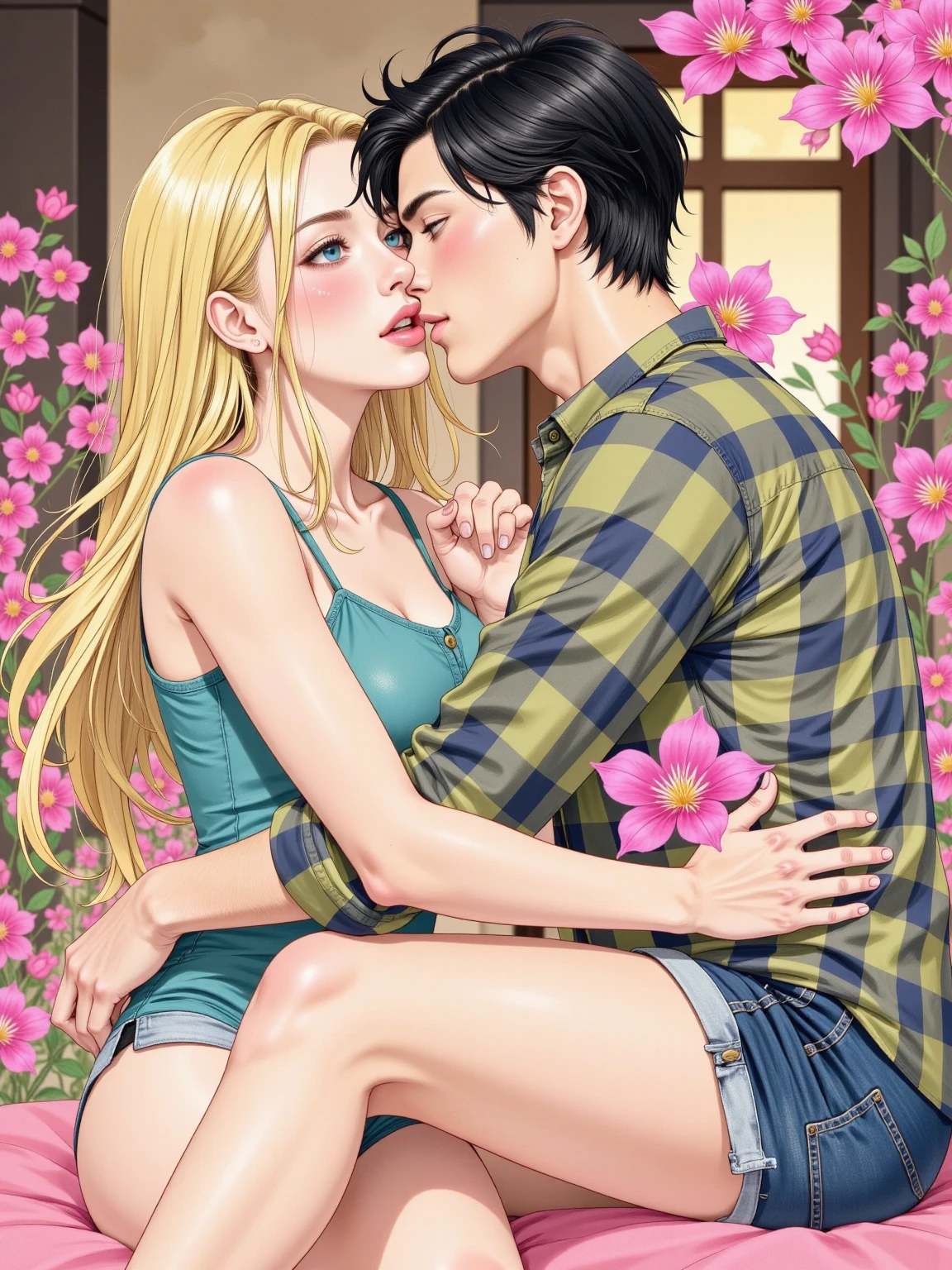 1 scene, frontal, high quality, super high resolution, high definition illustration, masterpiece, extremely detailed, high resolution, detailed mouth, mature heterosexual couple, sexy woman, (married sexy mature woman, smooth lips, squinting anime with eyes), red cheeks, intense expression, denim shorts, unbuttoned shirt, entrance, intense orgasm, 1 handsome boy, (((hugging from behind))), ((breast grabbing)), (deep kiss: 1.4)), (((kiss,))), saliva, Sweat, modest breasts, beautiful curves, moles under eyes, blushing, (((anatomically correct))), accurate