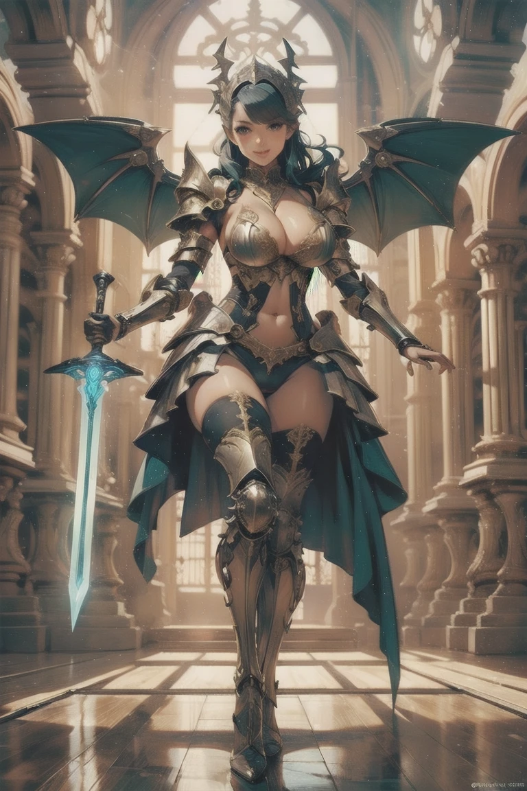  sexy woman, 1girl, Girl in armor,  large cleavage:1.2, full body, gigantic breast, buster-sword, mechanical_wings