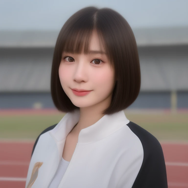 (kawaii 24 year-old Japanese girl, Nogizaka idol, Korean idol), healthy female athlete body, (glossy brown hair, short hair, pixie cut, bangs:1.3), (rounded face, beautiful black eyes, single eyelid, no makeup:1.2), (looking at viewer, soft smiling), (wearing track jacket, sports leggins:1.3), perfect shaped extra small breasts, BREAK, (track and field stadium background:1.2), (dynamic angle, bust shot:1.3), BREAK, (masterpiece, best quality, photo realistic, official art:1.4), (UHD, 8K quality wallpaper, high resolution, raw photo, golden ratio:1.3), (shiny skin), professional lighting, physically based rendering, award winning, (highly detailed skin, extremely detailed face and eyes, anatomically correct), Carl Zeiss 85 mm F/1.4, depth of field, 1girl, solo,