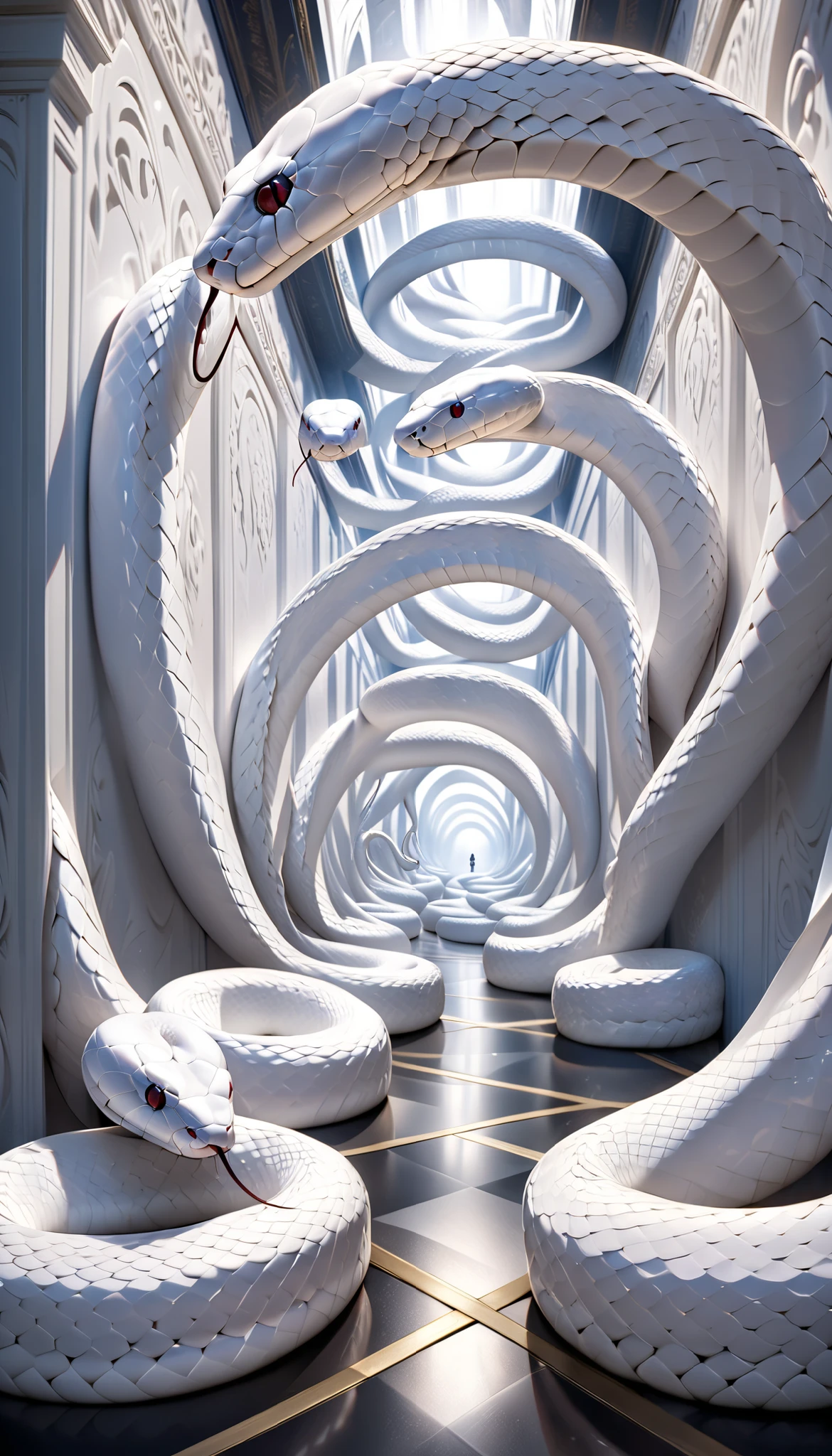 Realistic white snakes form a spiral corridor, Multiple white snakes are intricately intertwined , The floor and walls are all covered with realistic white snakes, A production reminiscent of an endless mysterious hallway, dynamic view, An infinite corridor you can't get out of, The path of the snake is a snake ...,