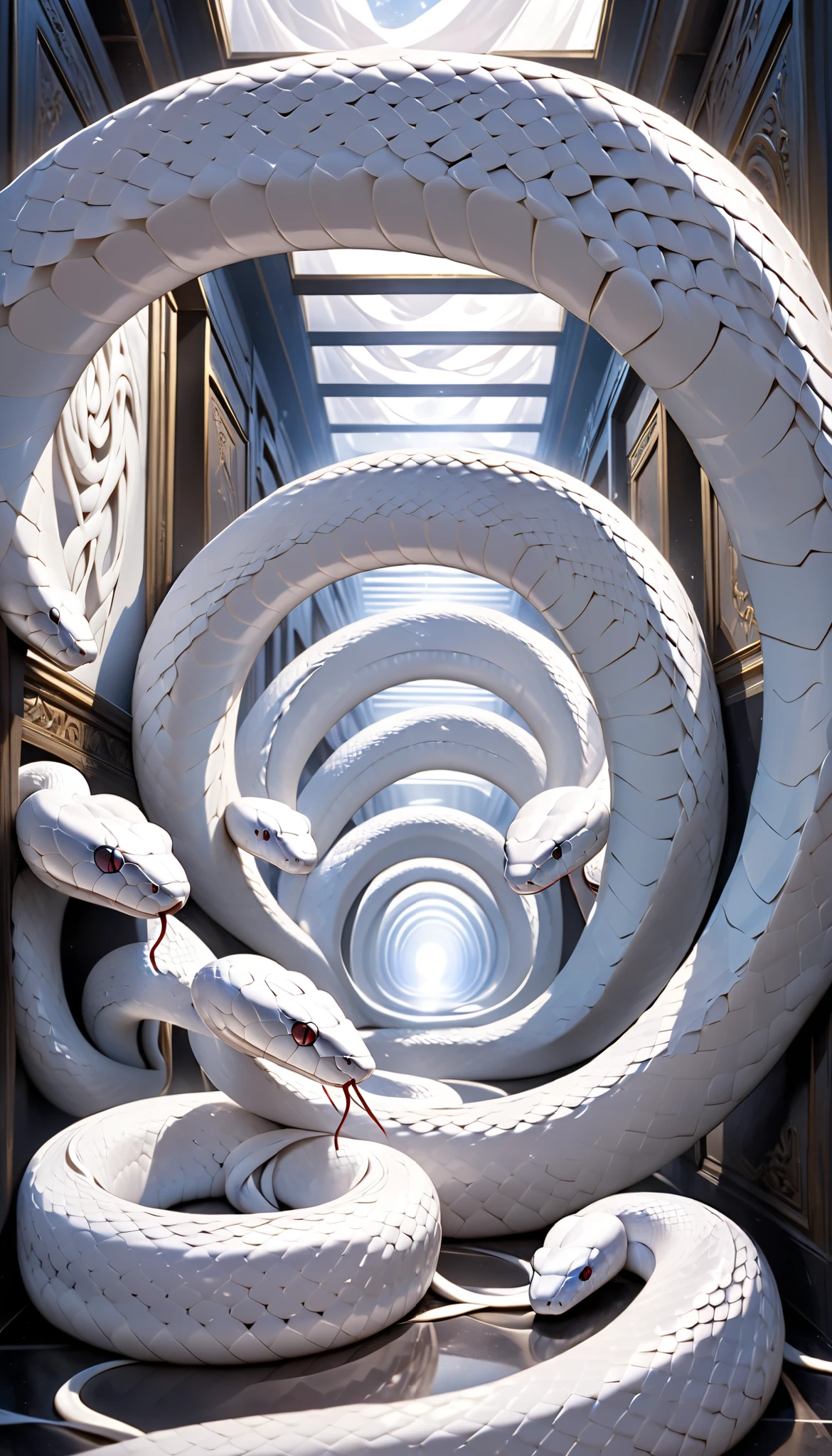 Realistic white snakes form a spiral corridor, Multiple white snakes are intricately intertwined , The floor and walls are all covered with realistic white snakes, A production reminiscent of an endless mysterious hallway, dynamic view, An infinite corridor you can't get out of, The path of the snake is a snake ..., The snake that symbolizes rebirth 、 continues to regenerate the endless corridor...