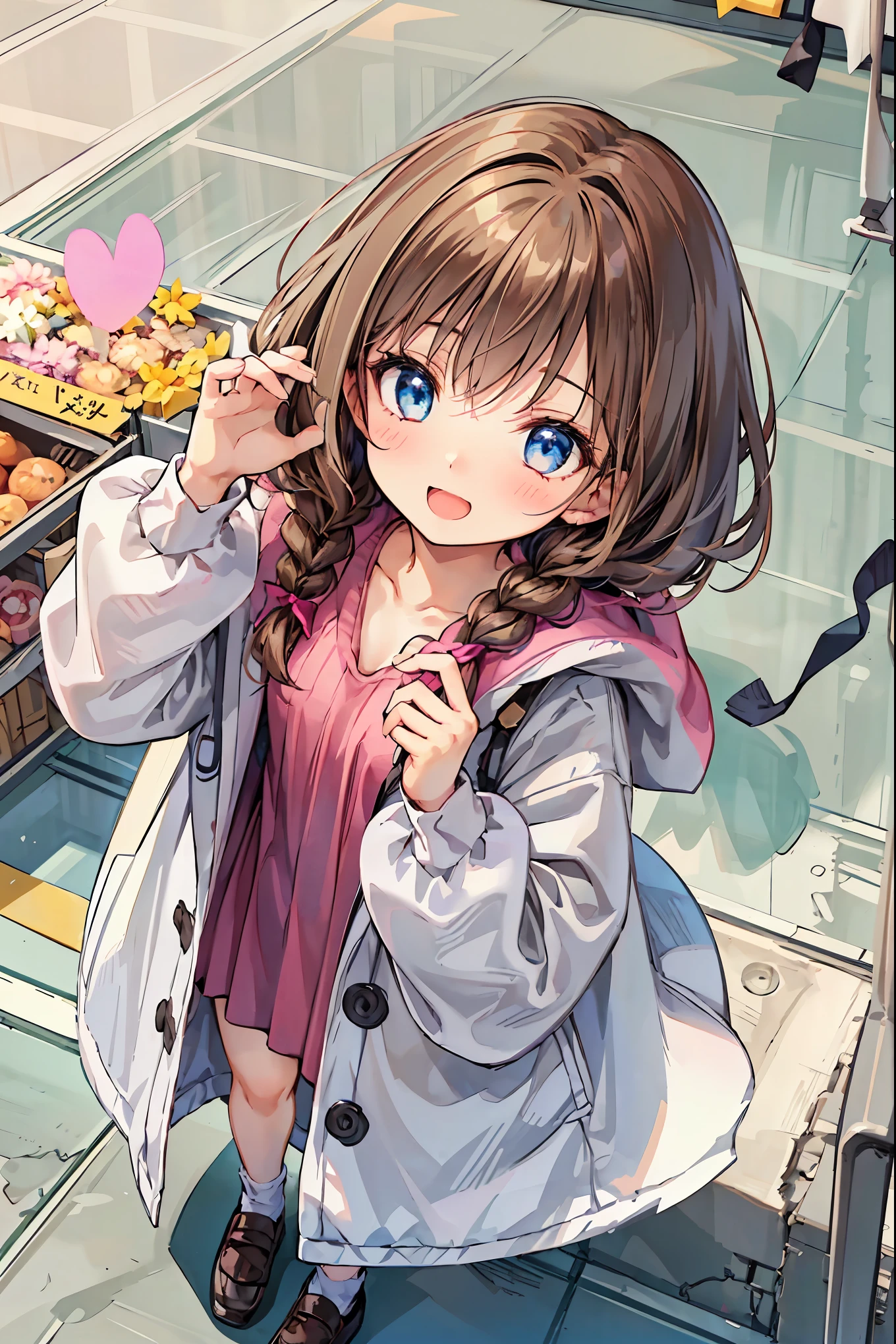  girl in a white coat ， (Speaking Heart),  happy ,  open your mouth,  close eyes, (( from above:1.2)), brown hair，  Shortcut  ，  tousled hair ， short braided hair，Neat， Slender and beautiful woman，Correct posture， small breasts，  Beautiful Legs， Her enchanting gray-blue eyes shine like stars，Droopy eyes，  bright color,  beautiful eyes,A delicate smile, Textured Skin, Boasting the highest quality ,   A Parody of a Gentle and Beautiful Woman  ,  anime style ､