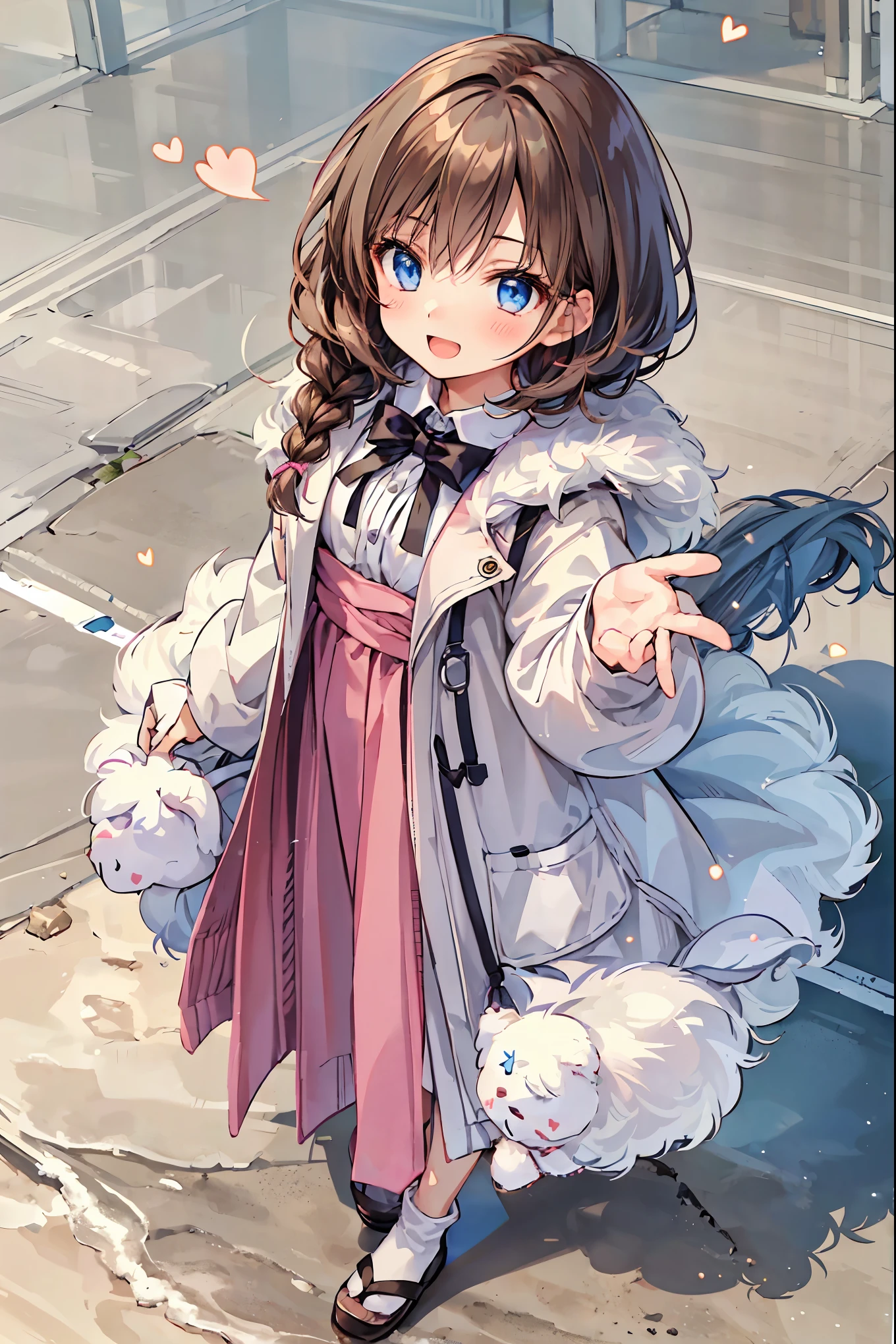 girl in a white coat , (Speaking Heart), happy , open your mouth, close eyes, (( from above:1.2)), brown hair, Shortcut , tousled hair , short braided hair,Neat, Slender and beautiful woman,Correct posture, small breasts, Beautiful Legs, Her enchanting gray-blue eyes shine like stars,Droopy eyes, bright color, beautiful eyes,A delicate smile, Textured Skin, Boasting the highest quality , A Parody of a Gentle and Beautiful Woman , anime style 、