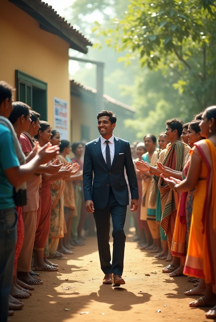 The final scene shows Arjun as a successful engineer, standing in his village, with children around him looking up to him. The scene symbolizes his success and the inspiration he has become for others.
