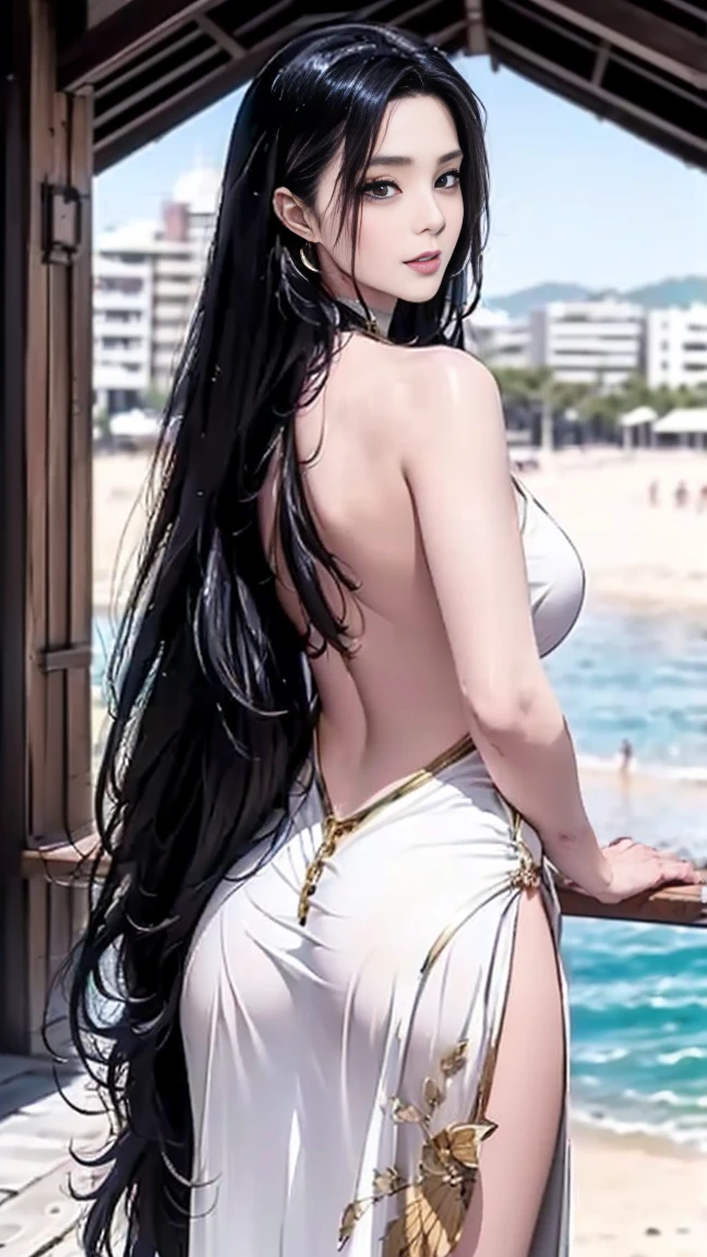 Kizi， an Quority， top-quality， big breasts beautiful， prette， The sheen，On warships， tmasterpiece，white naval uniform， Long black hair，With a military cap，The eyes are sharp and affectionate，A sweet smile，standing on your feet，（（（full armour：1.8））），white colors，（（（detail in face：1.2）））Bigchest，Big breasts Thin waist，long leges，Bare breasts，Bare lower body，Camel toes