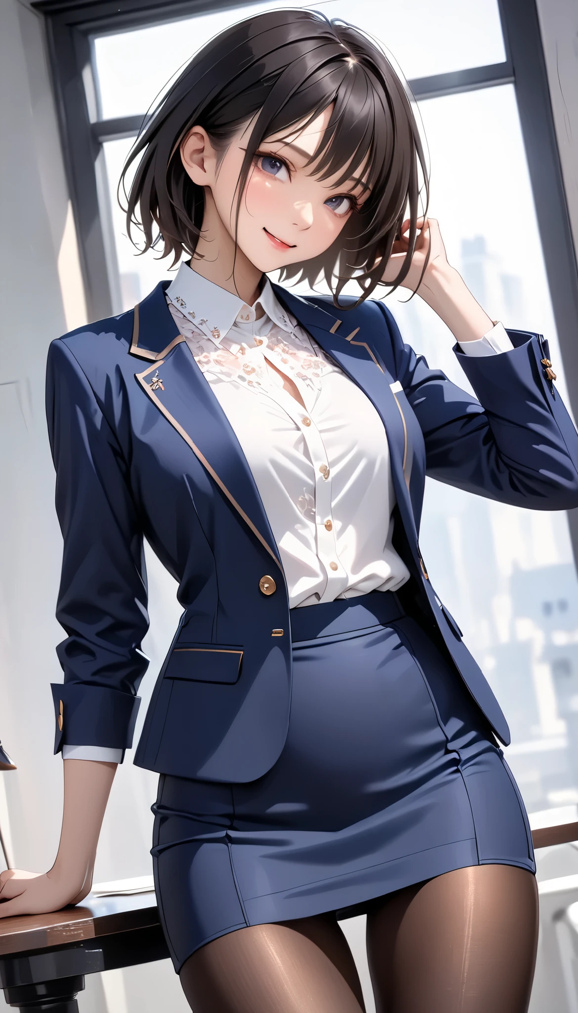 (((Female lawyer,  formal suit skirt ,   pencil skirt,  pantyhose,  white blouse,   Navy Blue Jacket,))), skinny, Alone,  female 1, Masterpiece,  top quality,  top quality, 16k,  unbelievably ridiculous,  very detailed, 2.5D, AI-generated,  delicate and dynamic,  Very Delicate Expression,  with a delicate gaze,  EROTIC, only  sexy woman, (( cute and kind face )), Healthy body shape, (( 25 year old woman)), Height: 160cm,  moderately stiff swaying bust,, , sweat, embarrassing, sexy, (( Thin Thighs)), ( erect nipples :0.9),  shiny,  Standing Picture of Shots Above the Shins , smile, (( oily_skin)), (( Dutch angle )), (( EROTIC pose)),  fashion model pose with clear pussy,   fashion model style DJ, (close-up),