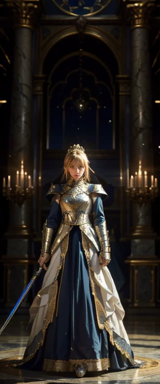  creates an ultra-realistic portrait of Saber, the famous female knight from the Fate series.  she appears with an elegant attitude ,  her face facing the front 、 has a face that combines the strength and beauty of a skilled warrior 。.  Her hair is golden halo hair cut into a classic bob ,  frame her beautiful face . Her striking green eyes ,  is intense with her concentration and wisdom gained from many battles ,  directs her gaze directly to viewers ,  draws them into her story .

彼女は象徴的なarmorを身に着けている,  A perfect blend of medieval and modern aesthetics ,  the shining silver breastplate with blue and gold accents 、 symbolizes her royal status and bravery 。. armor,  is sturdy and battle-ready ,  sculpted to fit her figure ,  The balance between strength and femininity The expression .

In one hand,  and she is a timeless guardian who confidently holds the legendary sword Excalibur ,  its blade shines brightly , Surreal light, Light up her face、armorに優しい輝きを投げかける.  background evokes an atmosphere alluding to a historic battlefield , but、 Her majestic presence is the core of this image ,  Symbolizing her role as a hero, the .”