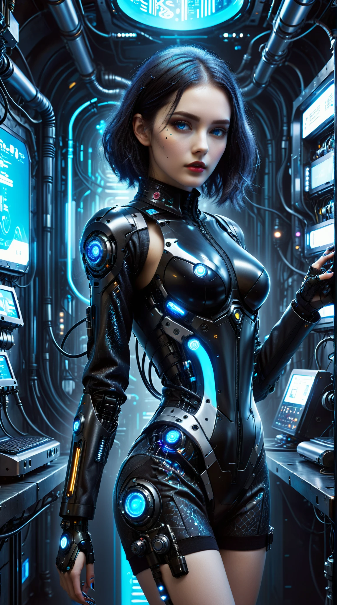  conceptual art of a cyberpunk character ，展现一个穿着 的单女孩， blue eyes， bionic arm ， internet access device ， fashion inspector ， milk chamber ， elaborate costume ，Observer，Medium long sleeves，Robotic Arm， blue eyeliner ，Short hair， ，unique， turtleneck， white hair，(Shorten ) ( Best Quality ，Shorten )