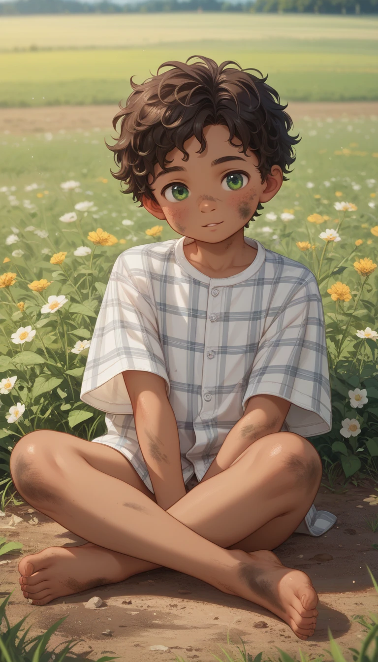 A boy is 4-yr, cute, young, little, short, thin, Brown skin, Green eyes, dark brown curly hair, Age Regression, Shotacon, Shota. No pants, just a big, loose, oversized shirt, white plaid shirt, Dirty, The long hem covers extending all the way down to the thighs. sitting cross legs on the ground. Outdoor, fields background