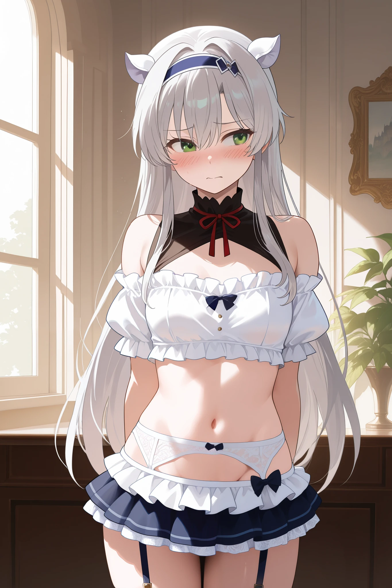 NSFW,masterpiece, top quality, high definition, very detailed,Sistine＝Fiebel 、 Roku Denashi Magi Instructor and Akashic Records、 green eyes、 gray hair、stupid hair、 small breasts、 long hair、 Blue Hairband 、 fake animal ears , maid clothes , crop top, off shoulder, micro mini skirt, garter belt,Groin, luxury mansion,Office,Embarrassed,blush,Doing work