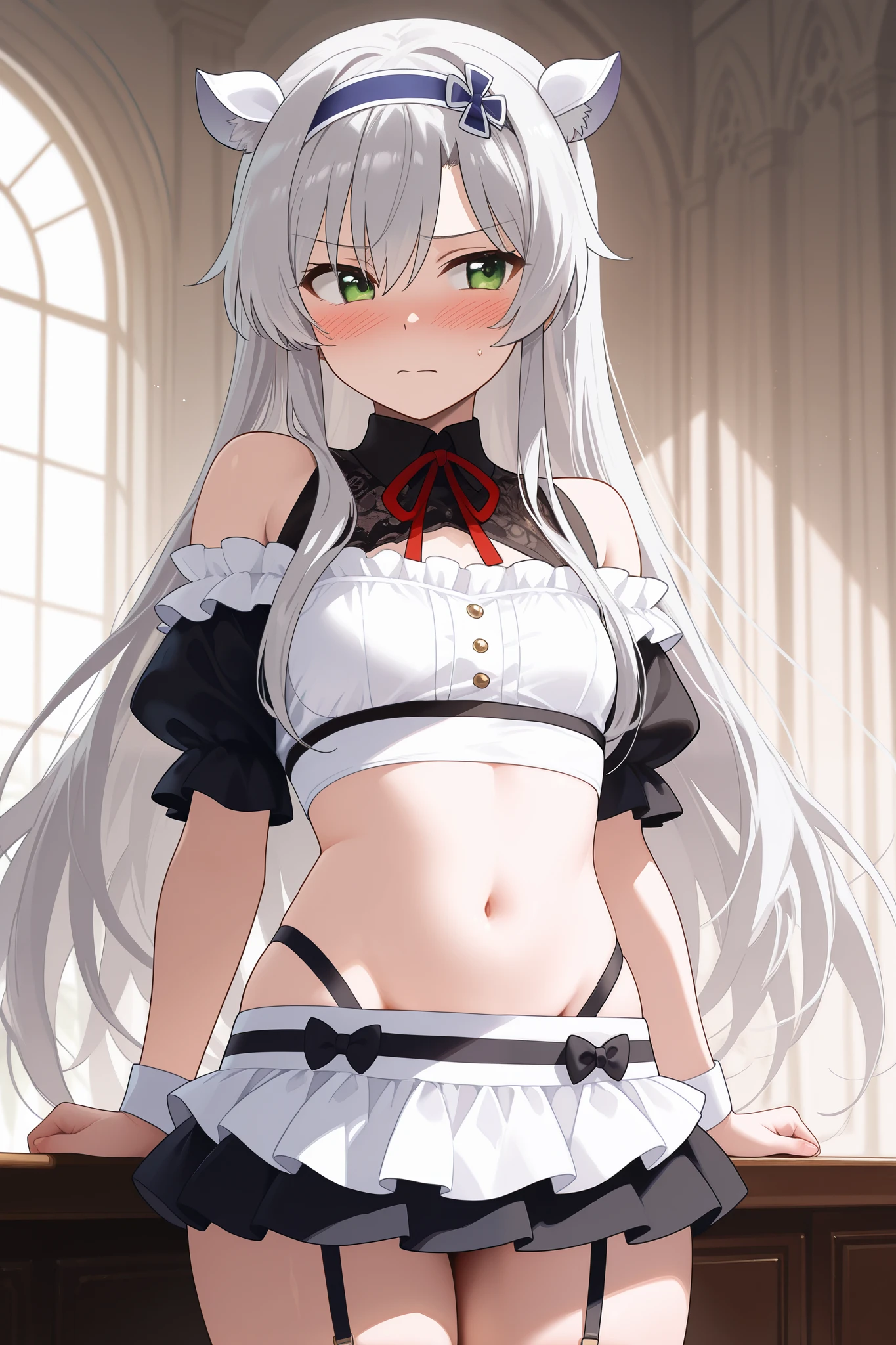 NSFW,masterpiece, top quality, high definition, very detailed,Sistine＝Fiebel 、 Roku Denashi Magi Instructor and Akashic Records、 green eyes、 gray hair、stupid hair、 small breasts、 long hair、 Blue Hairband 、 fake animal ears , maid clothes , crop top, off shoulder, micro mini skirt, garter belt,Groin, luxury mansion,Office,Embarrassed,blush,Doing work