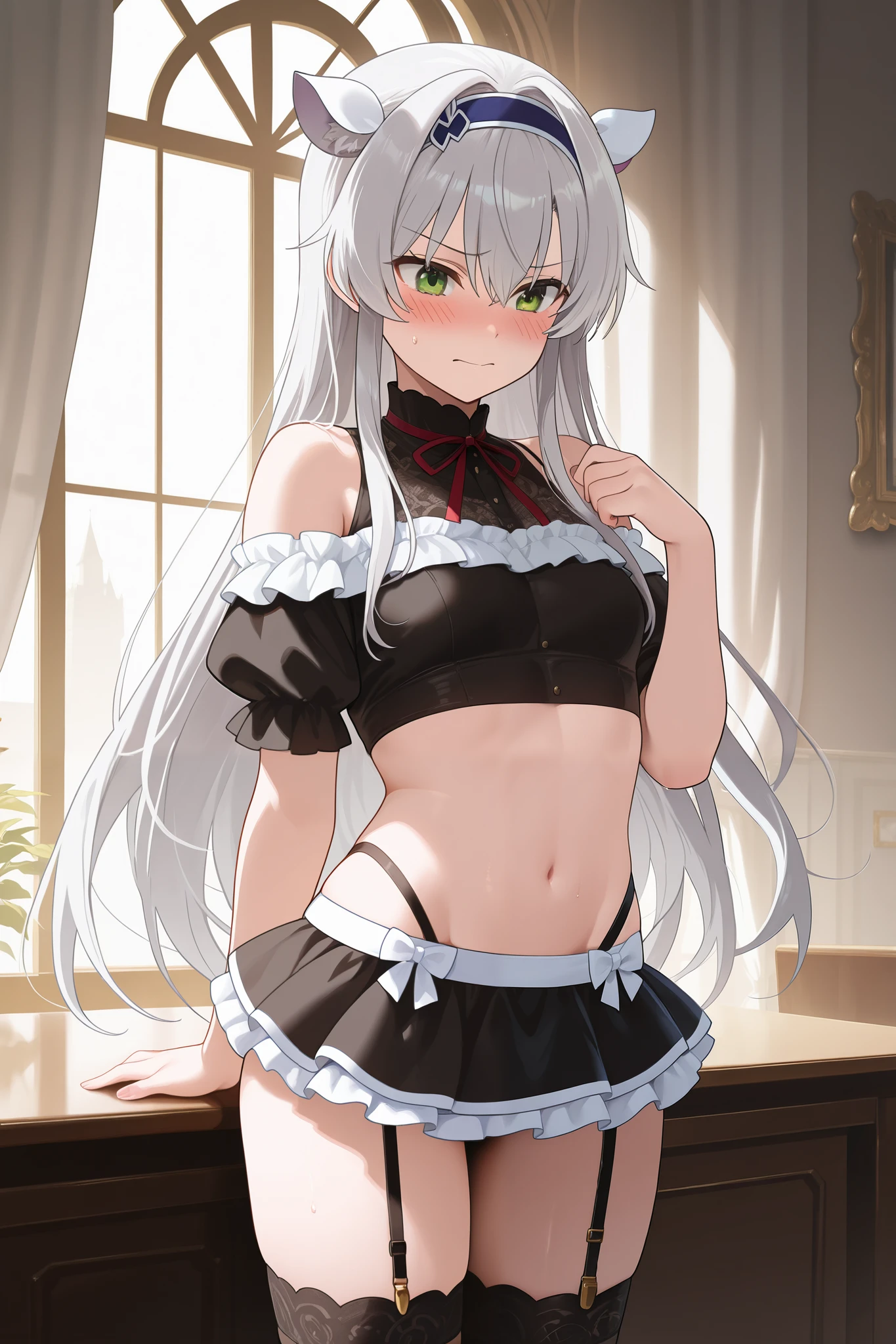 NSFW,masterpiece, top quality, high definition, very detailed,Sistine＝Fiebel 、 Roku Denashi Magi Instructor and Akashic Records、 green eyes、 gray hair、stupid hair、 small breasts、 long hair、 Blue Hairband 、 fake animal ears , maid clothes , crop top, off shoulder, micro mini skirt, garter belt,Groin, luxury mansion,Office,Embarrassed,blush,Doing work