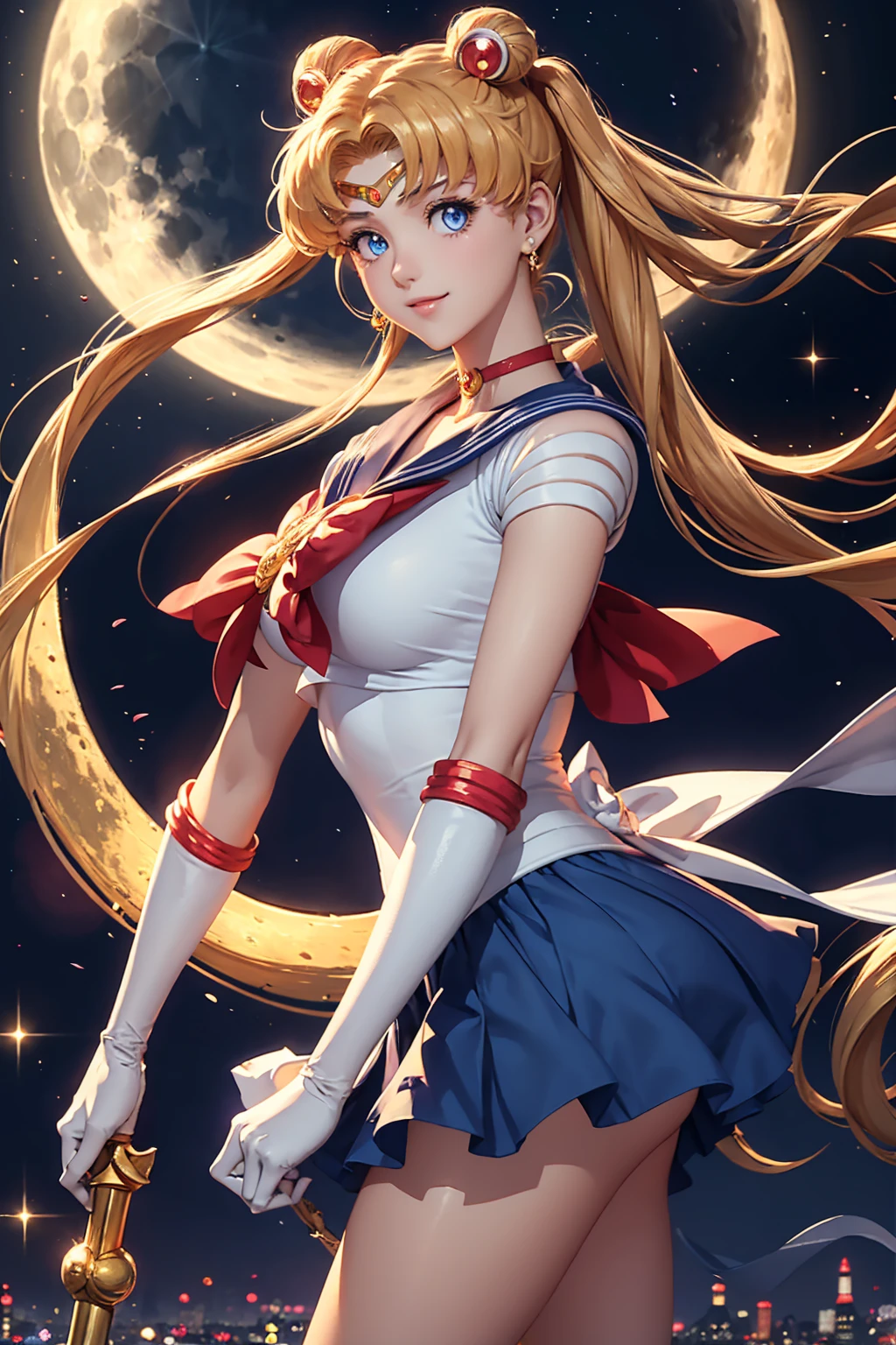 Sailor moon, (masterpiece), blonde hair, blue eyes, expressive eyes, beautiful woman, long hair, pink bra, cleavage, round breasts, no skirt, moon tiara, white panties, round buttocks, blue boots