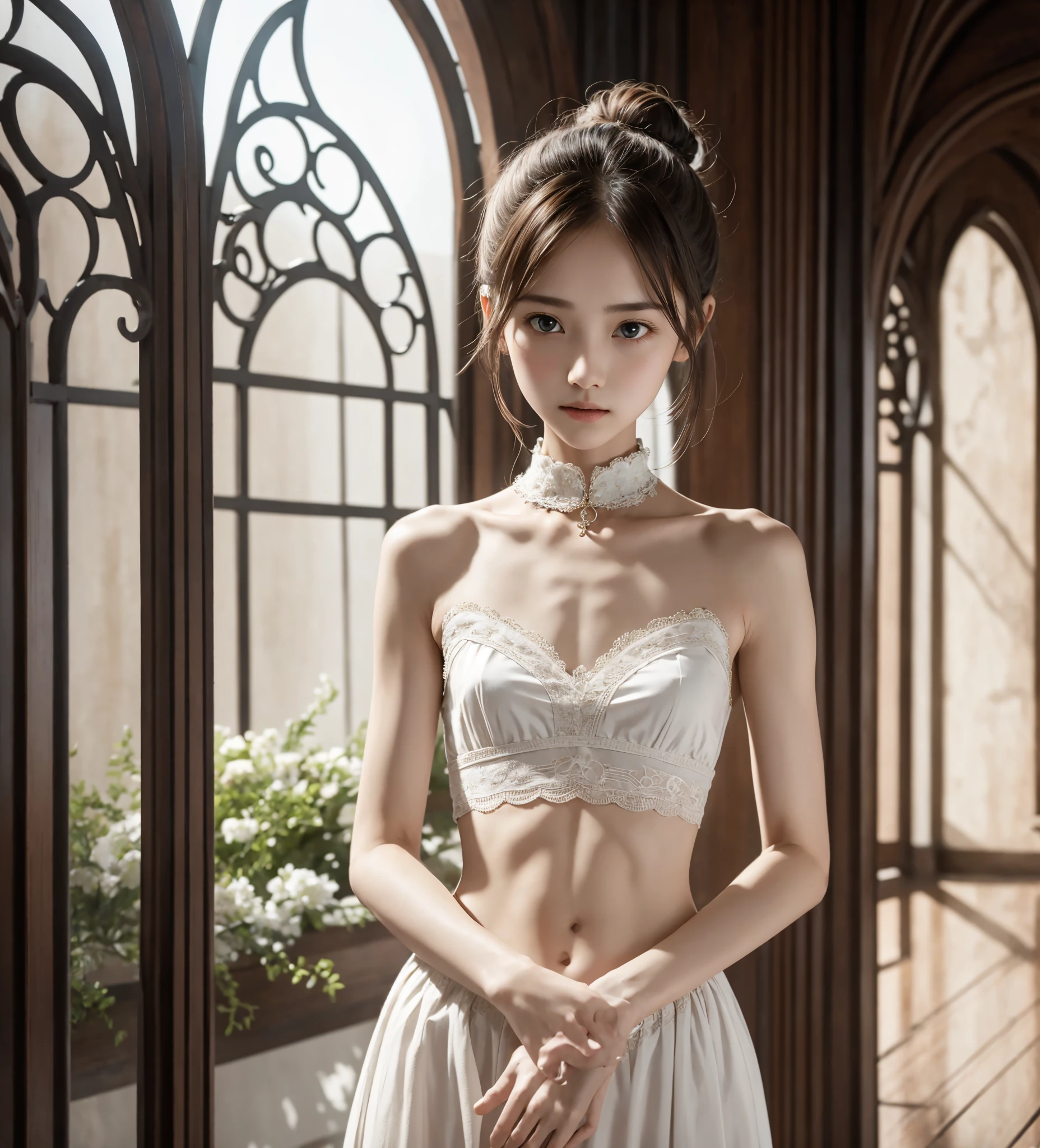  Unity 8K Wallpaper,  more details,  beautiful,  beautiful, masterpiece,  top quality, vibe, mystery, Romanticism, literature, art, fashion,  Victorian, Decoration, Complexity, Ironwork, race, meditation, Depth of emotion,  Supernatural, 1 girl, white skin,White Shoulders,Narrow shoulders,Thin arms, slender waist, bun hair 