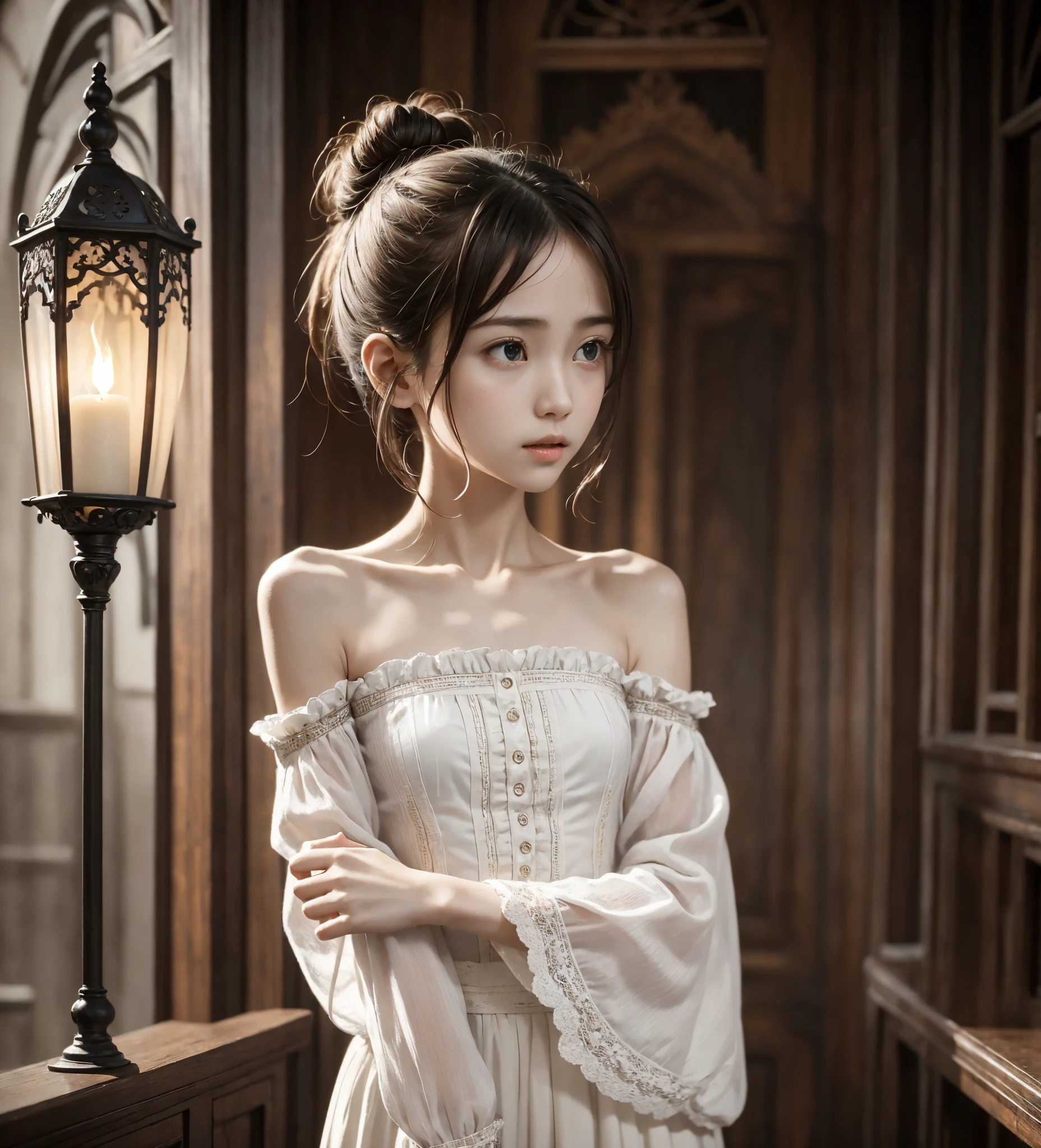  Unity 8K Wallpaper,  more details,  beautiful,  beautiful, masterpiece,  top quality, vibe, mystery, Romanticism, literature, art, fashion,  Victorian, Decoration, Complexity, Ironwork, race, meditation, Depth of emotion,  Supernatural, 1 girl, white skin,White Shoulders,Narrow shoulders,Thin arms, slender waist, bun hair 