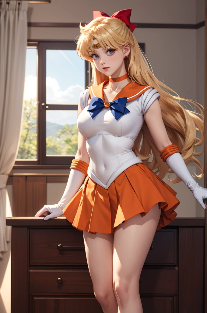 masterpiece, best quality, highres, sv1, sailor senshi uniform, orange skirt, elbow gloves, tiara, orange sailor collar, red bow, orange choker, white gloves, jewelry, indoors