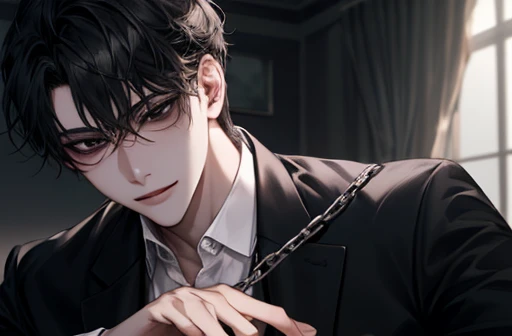 masterpiece, ((One beautiful boy)), ((High resolution)), Depth of the written border, (He has a black blindfold over both his eyes), （Chained）imprisonment, Cinema Lighting, Delicate depiction of hair, (good looking),  There&#39;s no one here, Beautiful Nose, ((Short black hair that is slightly curled down to the nape of the neck)), (Wearing a sweaty shirt), Low rise men&#39;s boxer shorts, ((Glowing Skin)), Dimly lit room, smile, Very beautiful and pretty face