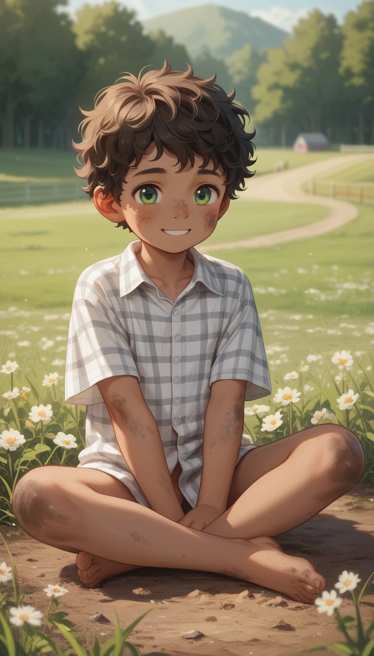 A boy is 4-r, cute, young, l short, thin, Brown skin, Green eyes, dark brown curly hair, Age Regression, Shotacon, Shota. No pants, just a big, loose, oversized shirt, white plaid shirt, Dirty, The long hem covers extending all the way down to the thighs. sitting cross legs on the ground. Smile, Shy expression. Lean head to the side. Outdoor, fields background