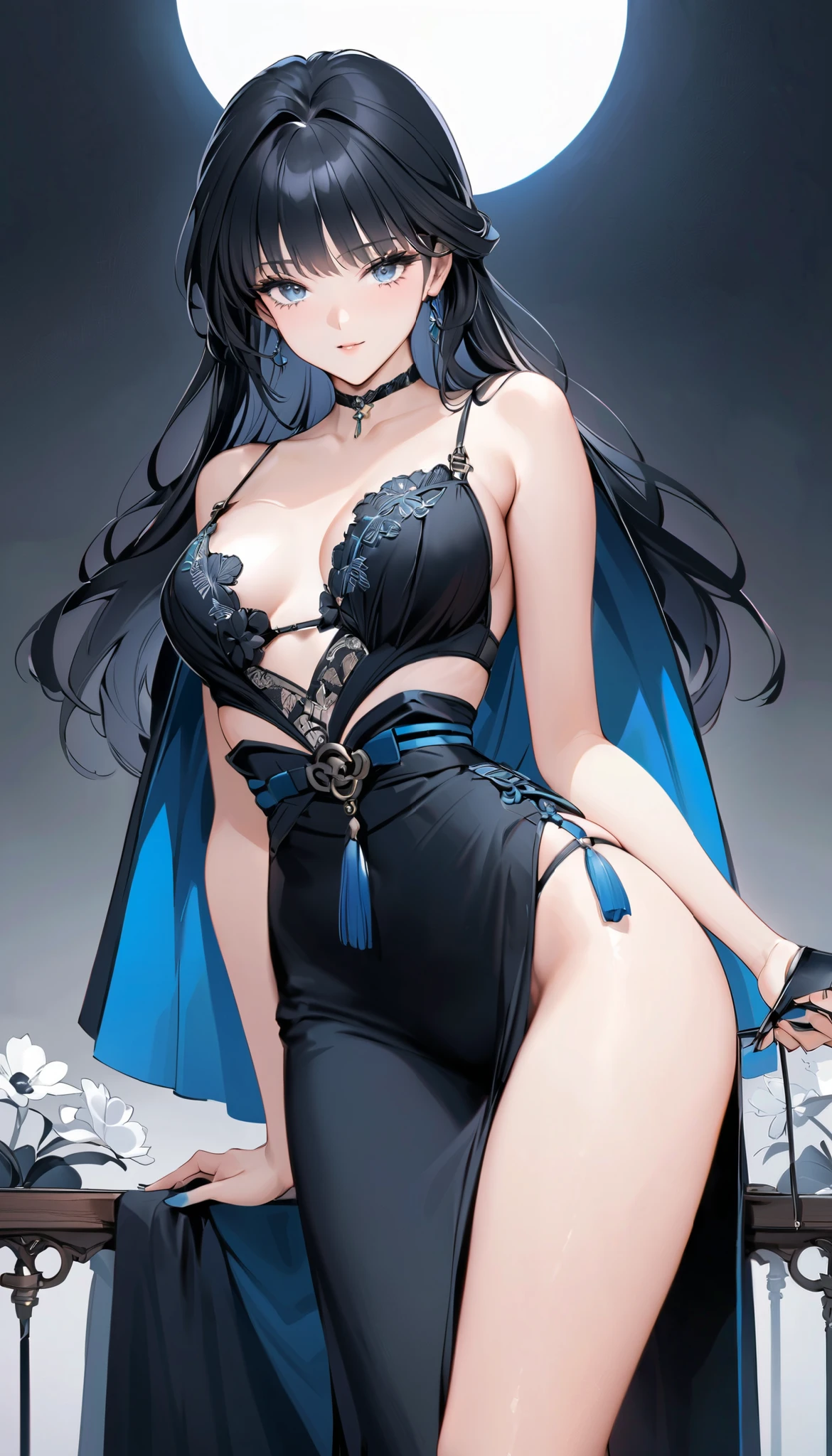 (masterpiece, reflections, atmospheric lighting, dynamic lighting), best quality, 1girl, perfect figure, perfect body, perfect face, black hair, long luscious curly hair, purple eyes, glowing void eyes, delicate fingers, blushing, shy, embarrassed, lewd, open mouth, black crown, jewel crown, black dress, strapless dress, slit leg dress, wedding dress, evening dress, lingerie dress, black high heels