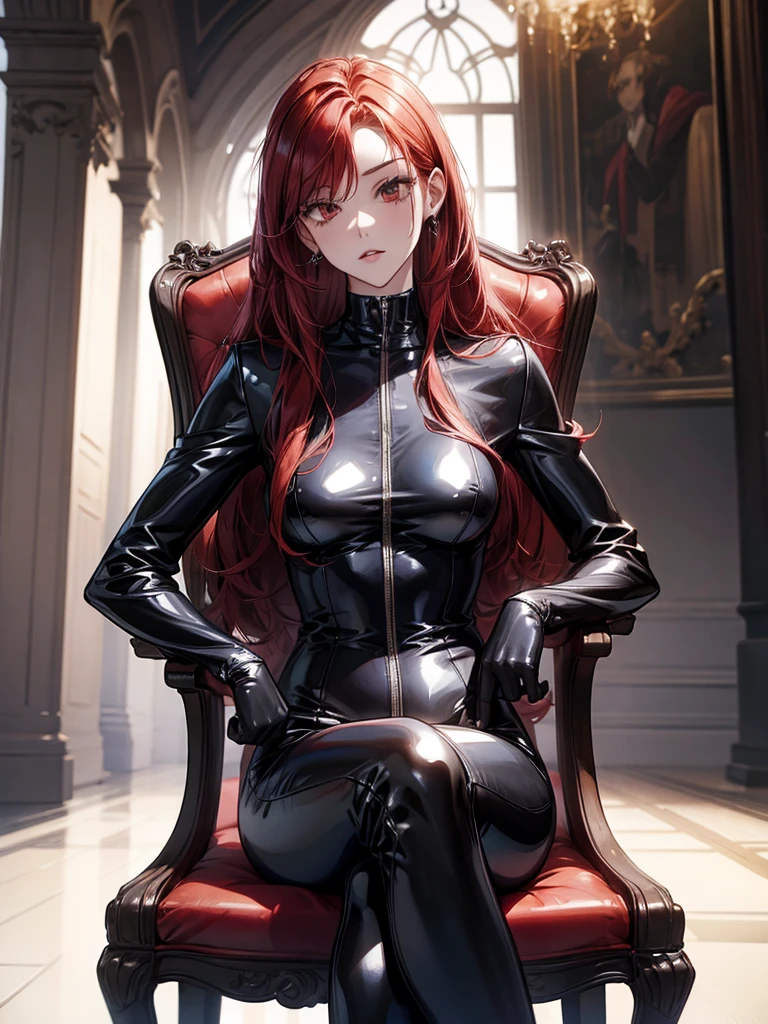 slim body, only tight leather clothes, domina leather clothes, small girl, sitting on a throne, sitting on a armchair  full body, ass, red-pinkish hair, green eyes, medium big breasts, holding a riding crop, dominant seductive facial expression, leather miniskirt, sitting laterally