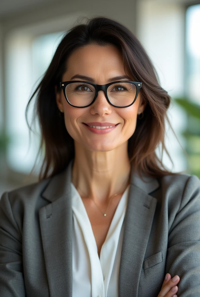 Create a brown woman who sells products on the internet as an affiliate, straight but short hair, Smiling and wearing glasses