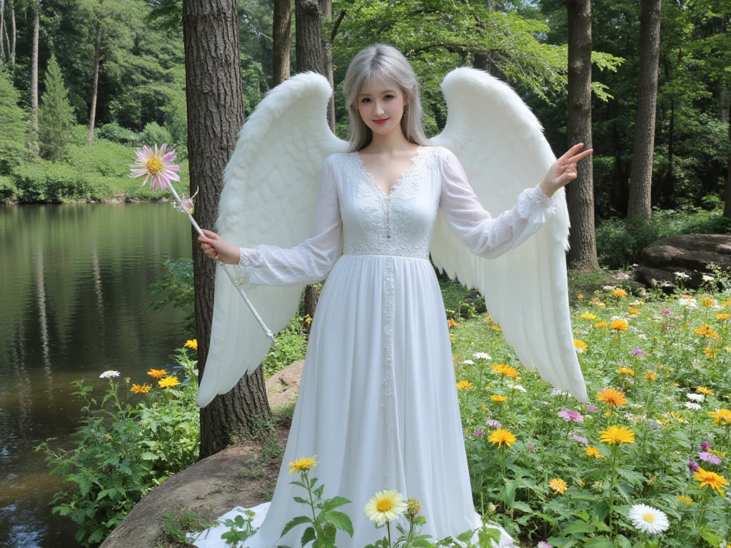 goddess,White Long Dress,silver hair,Blue eyes,smile,Large twin wings,Colorful,forest,lake side,Angel's ladder,rainbow,Diamond Dust,Holding a Gorgeous and with a very large magic wand,Lots of colorful Big flowers,mysterious