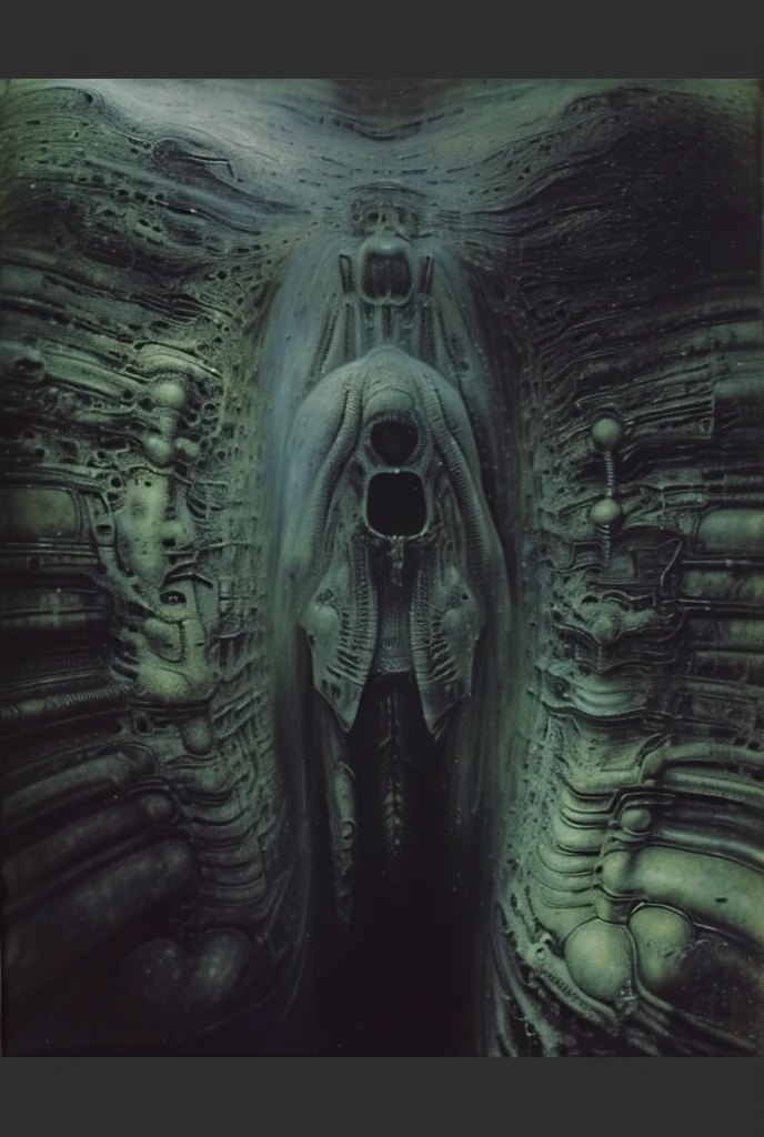 Curse of solomeea. The space in this H.R. Giger-esque image is formed through a complex interplay of several visual techniques, creating a claustrophobic, layered, and ambiguous environment. Space in this image is formed by a combination of overlapping forms, lack of traditional perspective, flowing curves, high detail, ambiguous scale, and subtle lighting. These techniques work together to create a unique and unsettling spatial experience that is characteristic of Giger's work: a claustrophobic, organic, and biomechanical environment that feels both alien and strangely familiar.
 The most dominant feature is the dense overlapping and interweaving of organic and mechanical forms. Figures, pipes, tubes, and other structures merge seamlessly, making it difficult to distinguish where one ends and another begins. This creates a sense of depth and layers, but also contributes to the claustrophobic feeling as there's little empty space.
 There's no clear horizon line or defined vanishing point to establish traditional perspective. This further adds to the sense of disorientation and makes it difficult to gauge the scale and distance of the elements within the image. The space feels compressed and undefined.
Giger frequently uses smooth, organic curves and contours that flow into each other. These curves create a sense of movement and dynamism, but also further blur the boundaries between objects and spaces. The eye is led through the image along these curves, but there's no clear destination or resting point.
 The high level of detail and intricate textures across the entire image contributes to the sense of density and complexity. There are few areas of smooth, flat color or empty space. This creates a visually rich environment, but also makes it difficult for the eye to find a focal point or establish a sense of spatial hierarchy.
 The scale and proportion of the elements are often ambiguous. 