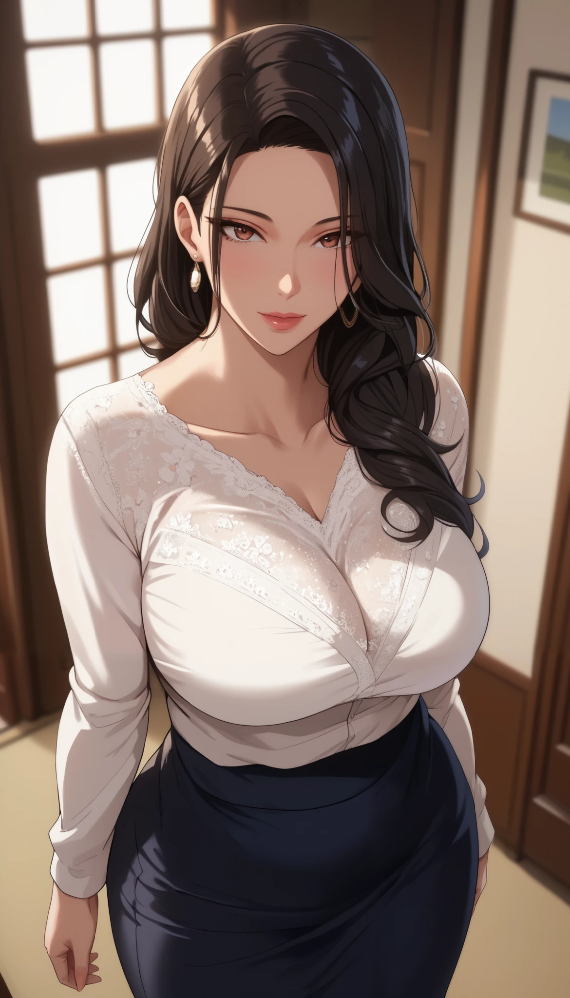 (masterpiece, best_quality:1.2), 1girl, solo, mature female, tsub, long hair, black hair, (housewife:1.5, casual clothes, skirt, long sleeves), beautiful eyes, female focus, looking at viewer, large breast, wide hips, ((above view)) ((close up shot)) ((solo)) detailed, very high resolution, no blurry image, (cowboy shot), standing, beautiful, elegant, serene expression, intricate details, detailed background, indoors, bedroom:1.3