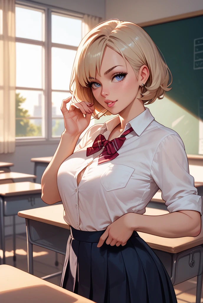 (Naughty instructor strips off her clothes:1.65),(Open mouth smiling orgasm expression:1.4),(Dark Skin:1.95),(Sexy 21-year-old blonde:1.35),(Compensate:1.26),(Red false eyelashes),Beautiful breasts、(Observe the audience:1.5),(Blonde Undercut Hairstyles),(Playful, pale pink frilly satin panties),White mini skirt、garter belt,Fleshy pubic area,Putting on a collar,Handcuffs on both hands,Put your feet up on a classroom chair,,Highest quality,Highest quality,8k,Cinema Lighting,,Clear panty line,The center of the panty is wet,Oilskin,I have a phone.