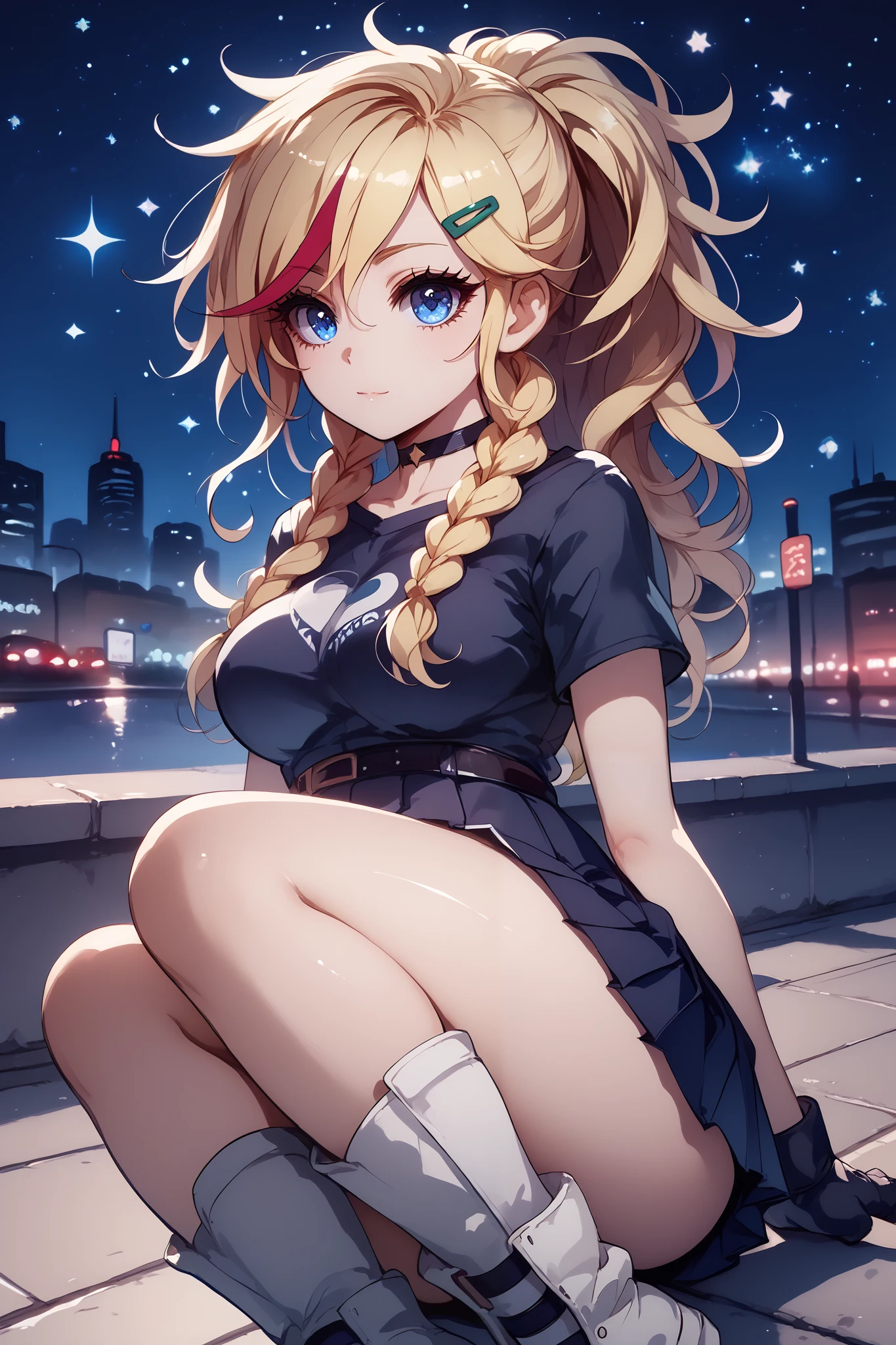 with heavy rain Pamela Anderson big tits + Broly girl with blonde yellow hair, fiery red ends, shiny, smooth and silky, eye-catching big blue eyes and a short transparent dress with an elegant V-neck in red and neon colors ((with star print )) sitting facing forward on a bench with a galaxy in the background falling heavy rain super quality perfect anime 2.5D death note style strong strokes manga realistic quality niji 6v ultra detailed graphics