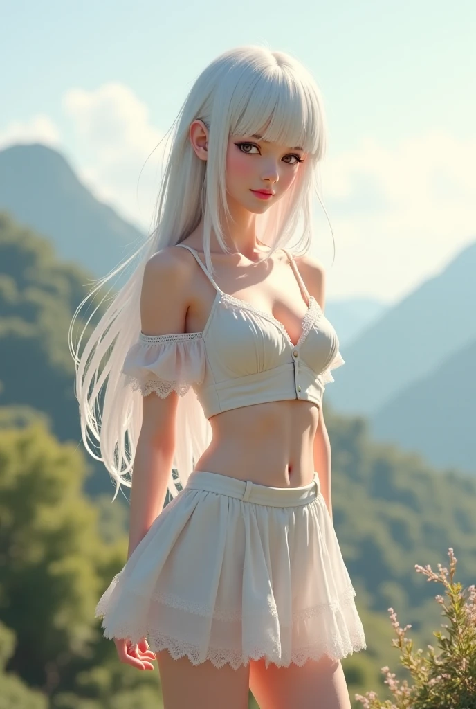 Young woman, Twenty years old, long silver hair, beautiful face,Asian face, Fair Skin, Big breasts,Thin waist, Big butt, Wearing Central European clothing, miniskirt, Central European period, Painting style 2.5D