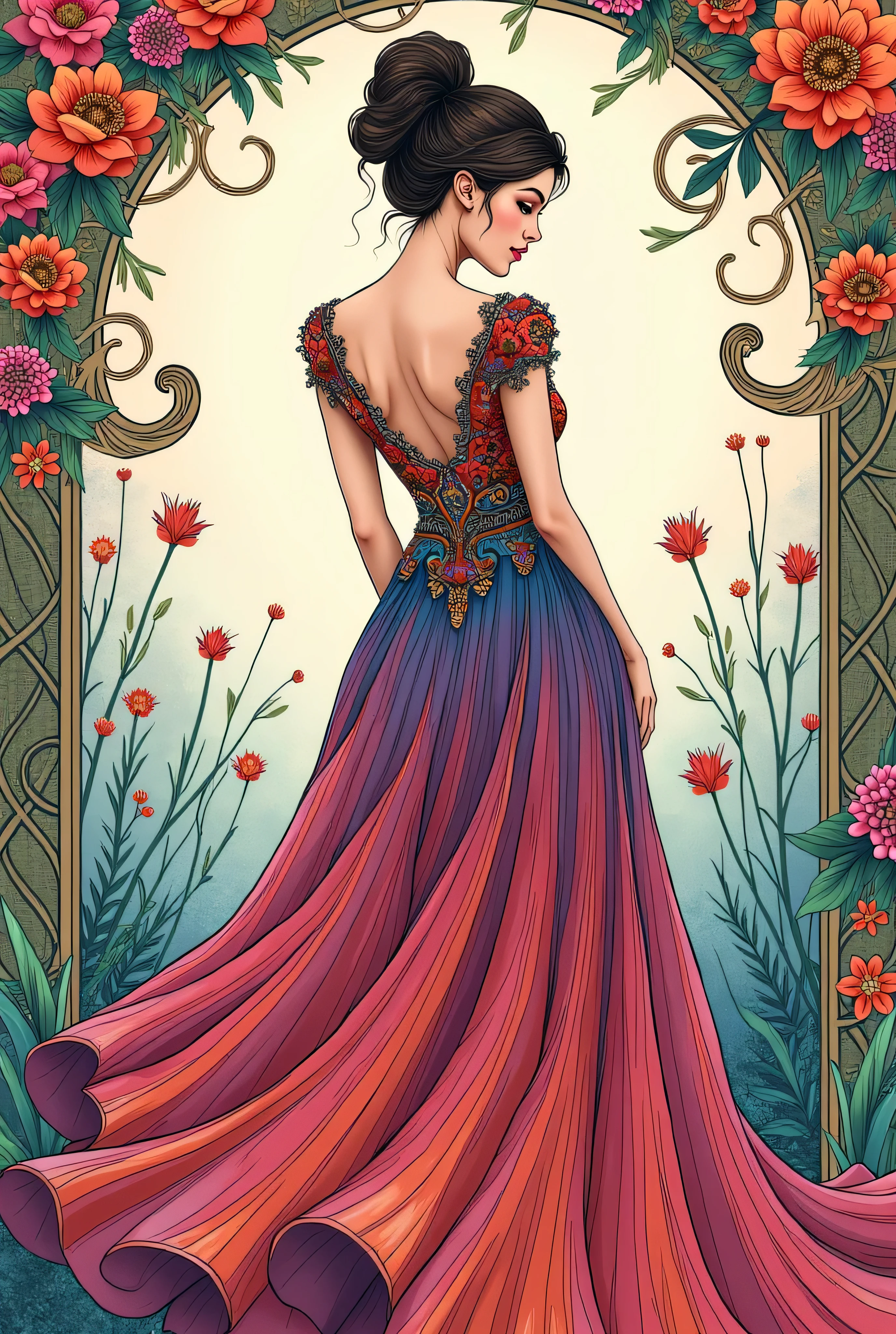 A captivating oil painting of a pretty queen, adorned with a majestic crown of ruby-heart shapes. She wears a striking burgundy, abstract, and eye-catching gown that features elegant heart and rose motifs. The queen stands gracefully in a beautiful garden beside a bush of painted white roses turned red, with a touch of red paint dripping from them. The artwork exudes a fantastical, cinematic atmosphere, transporting the viewer into a world of enchantment and whimsy., painting, cinematic