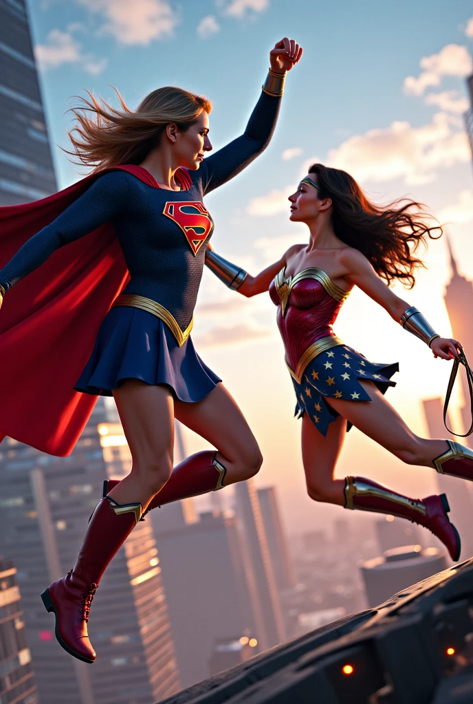 A beautiful black-skinned woman under the mantle of the Amazon warrior Wonder Woman alongside the Kryptonian Kara Zor-El aka Supergirl together flown through the apocalyptic city skyscrapers on fire