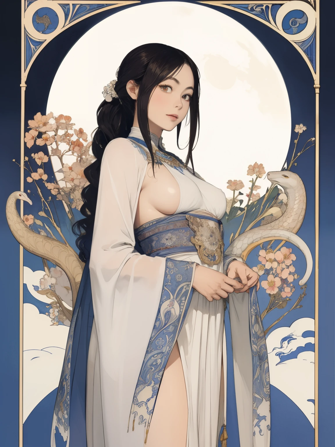 nsfw, ((masterpiece:1.2, best quality)), 1 lady, solo, priest white robe, side slit, cameltoe, covered nipples, (Art Nouveau:1.4), Alphonse Mucha, upper body,