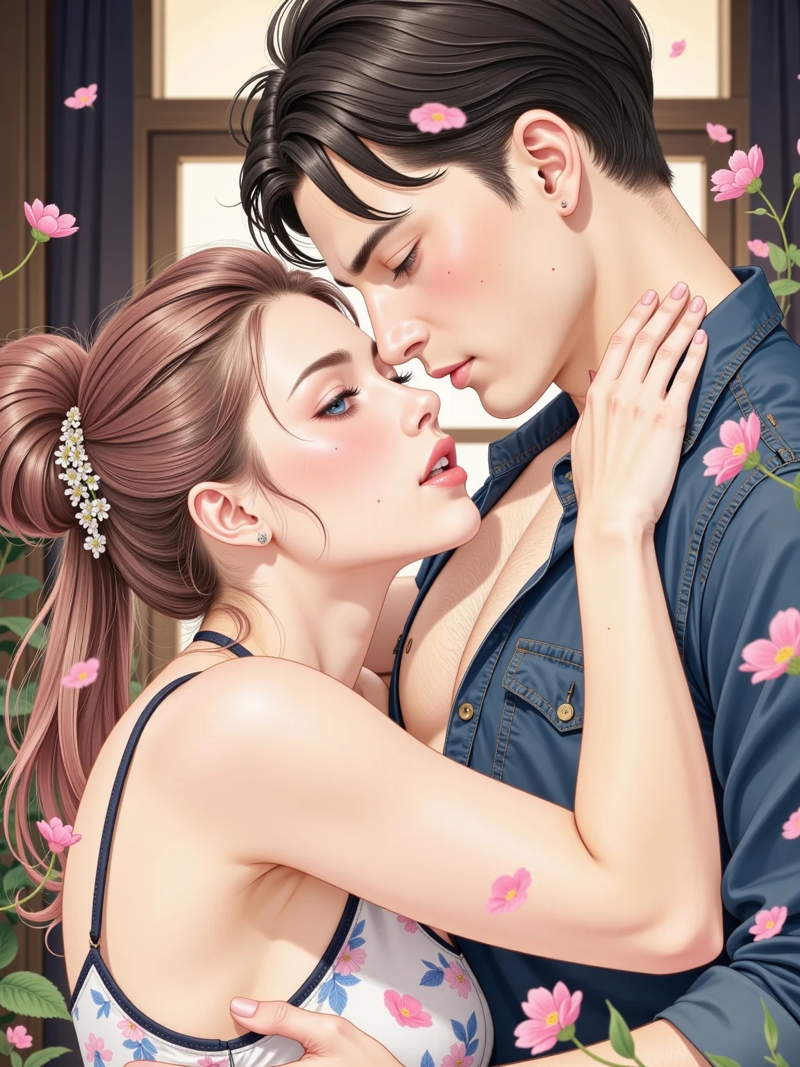 1 scene, frontal, high quality, super high resolution, high definition illustration, masterpiece, extremely detailed, high resolution, detailed mouth, mature heterosexual couple, sexy woman, (married sexy mature woman, smooth lips, squinting anime with eyes), red cheeks, intense expression, denim shorts, unbuttoned shirt, entrance, intense orgasm, 1 handsome boy, (((hugging from behind))), ((breast grabbing)), (deep kiss: 1.4)), (((kiss,))), saliva, Sweat, modest breasts, beautiful curves, moles under eyes, blushing, (((anatomically correct))), accurate