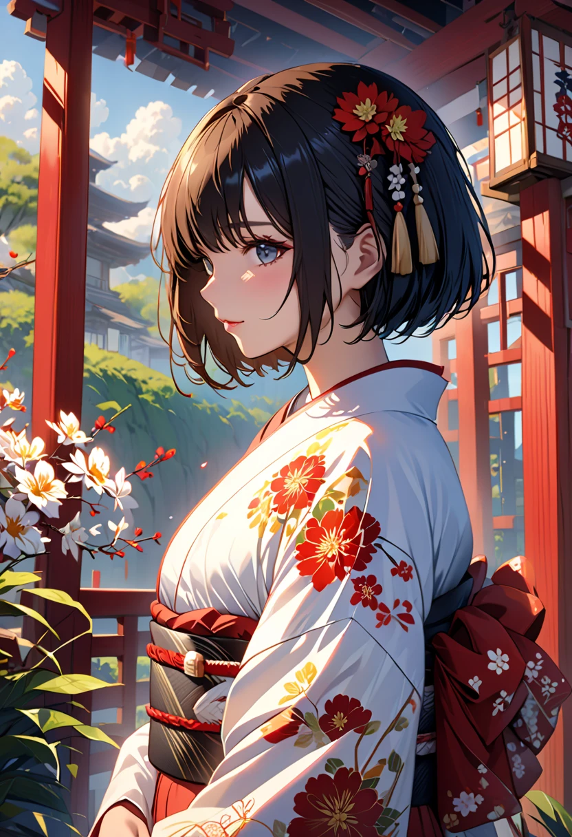  Top Quality, Masterpiece,   high definition in Buruma ,  from the side 1 girl ,  beautiful perfect face,  bob cut,  kimono, kimono,  intricate details,  cinematic atmosphere , 8k,  very detailed  